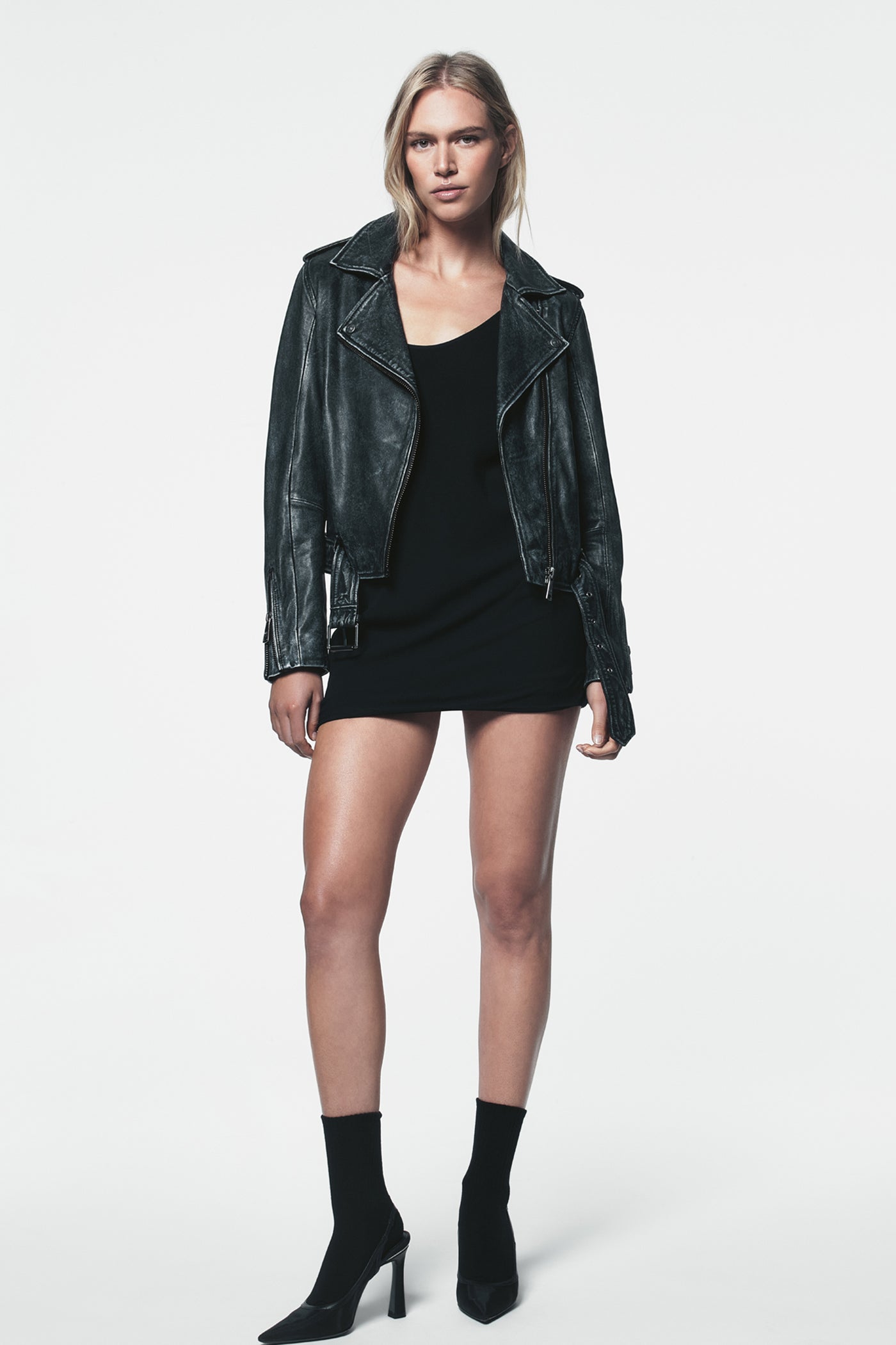 DENIM DISTRESSED LEATHER MOTO JACKET, VIEW 1 | Spring 2026 Campaign