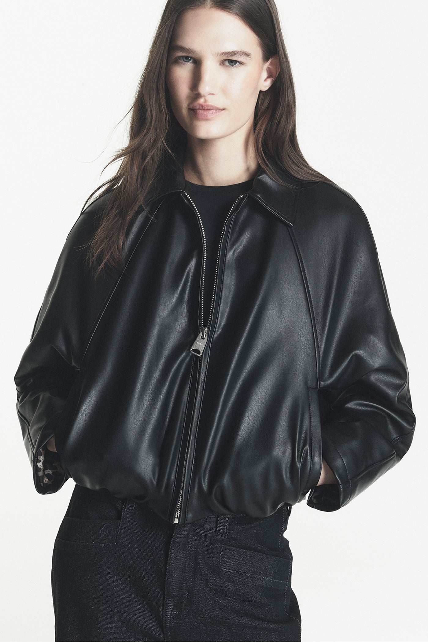 FAUX LEATHER BUBBLE HEM JACKET VIEW 2