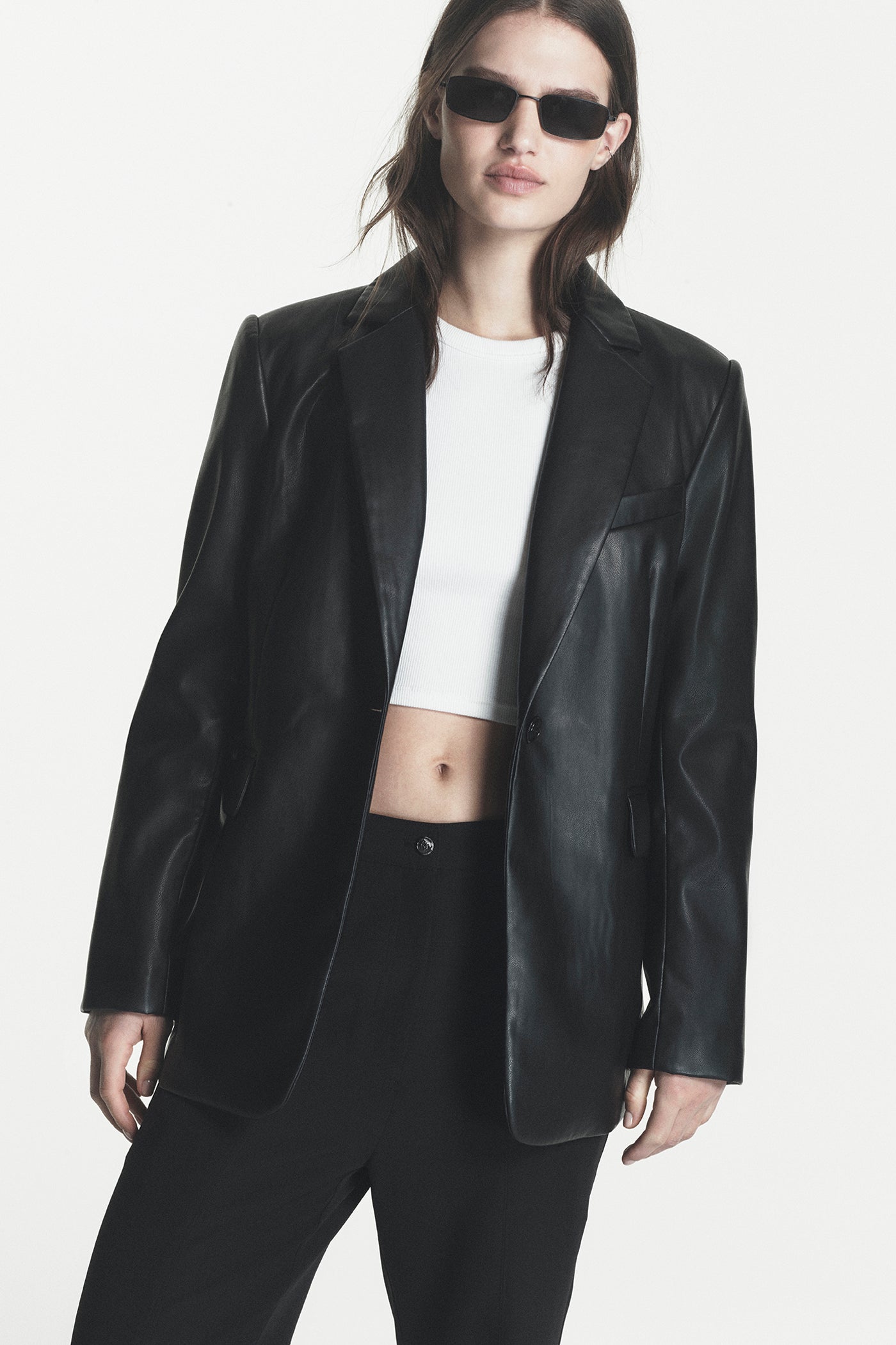 FAUX LEATHER ONE BUTTON BLAZER VIEW 1