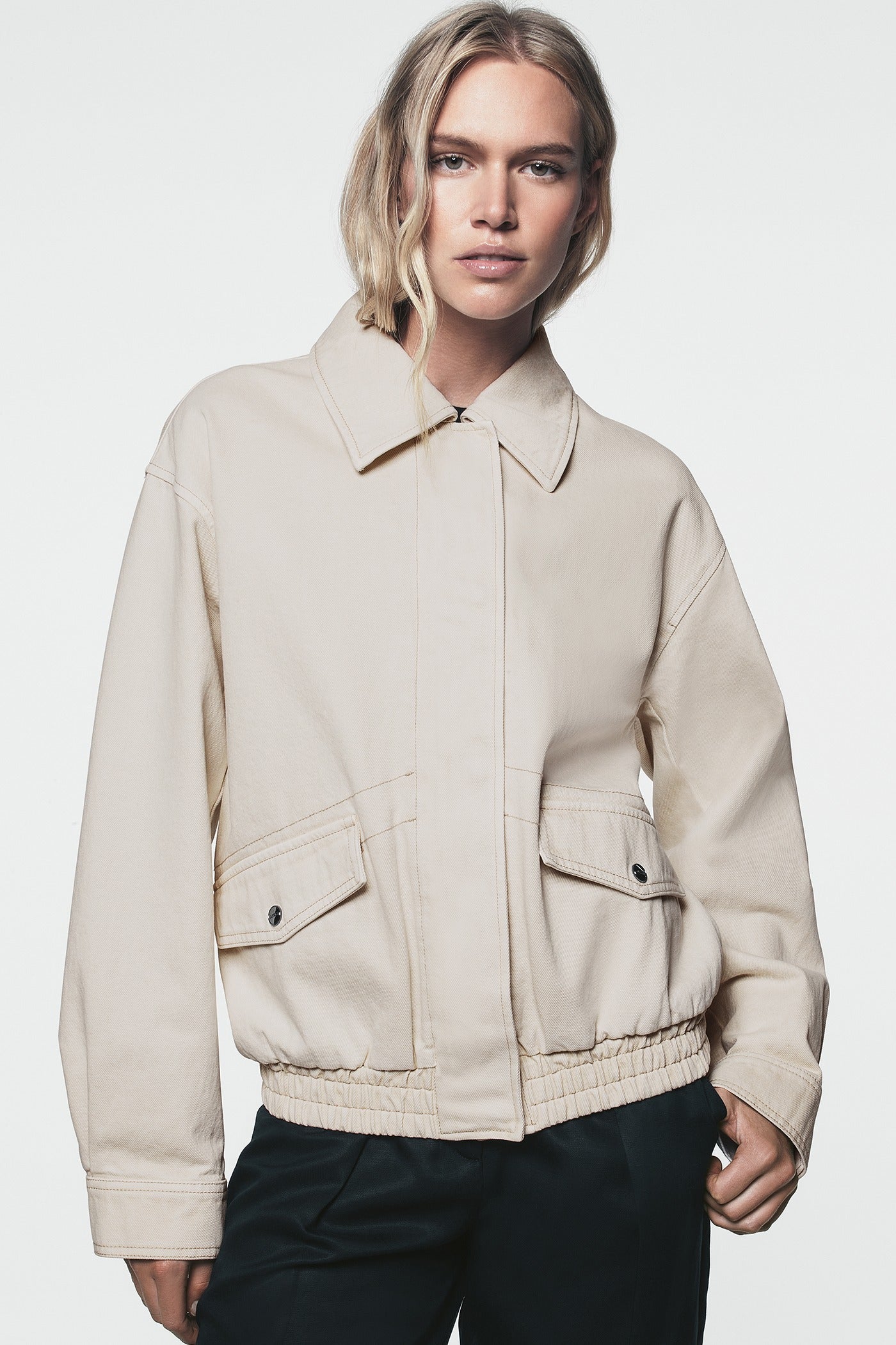 Parchment COLLARED FULL ZIP BOMBER JACKET, VIEW 1 | Spring 2026 Campaign