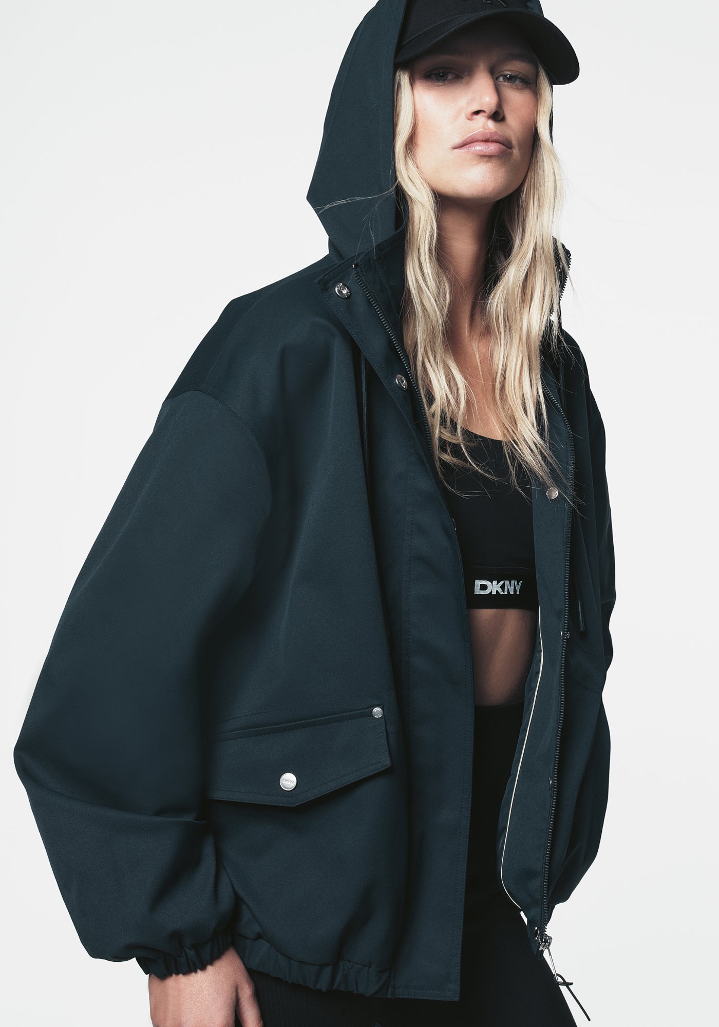 Dark Navy HIGH COLLAR BOMBER JACKET WITH HOOD, VIEW 1 | Jackets & Blazers
