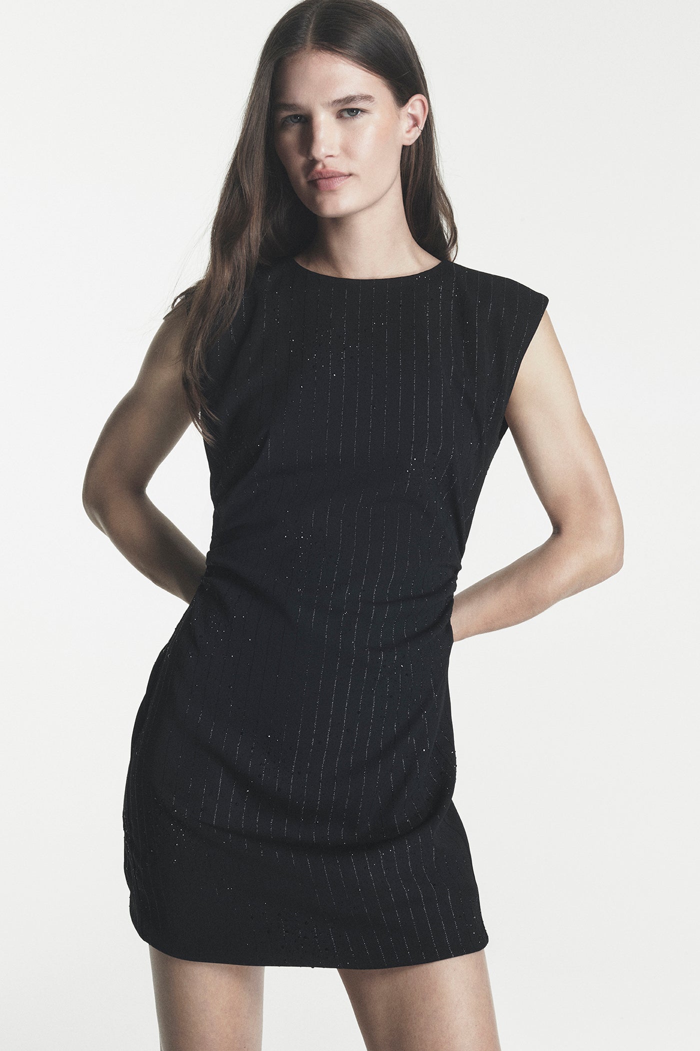 SIDE RUCHED PINSTRIPE DRESS VIEW 1