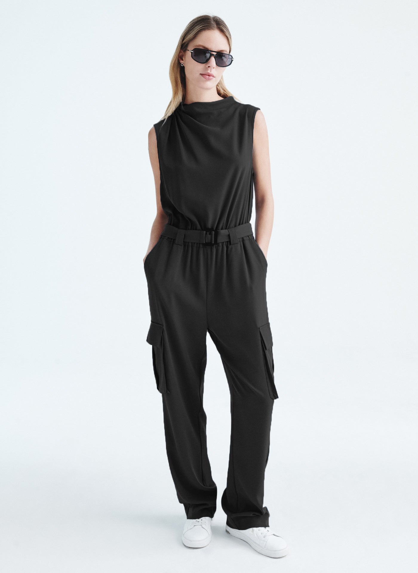 DKNY JUMPSUIT WITH CARGO POCKETS,Black