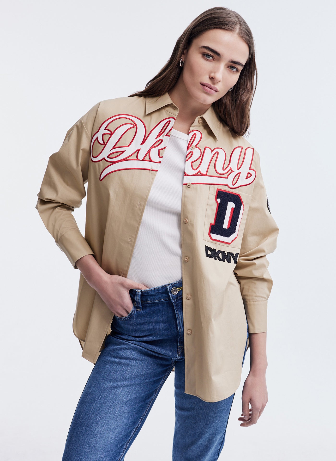 DKNY PATCH AND EMBROIDERY OVERSIZED SHIRT,Beige