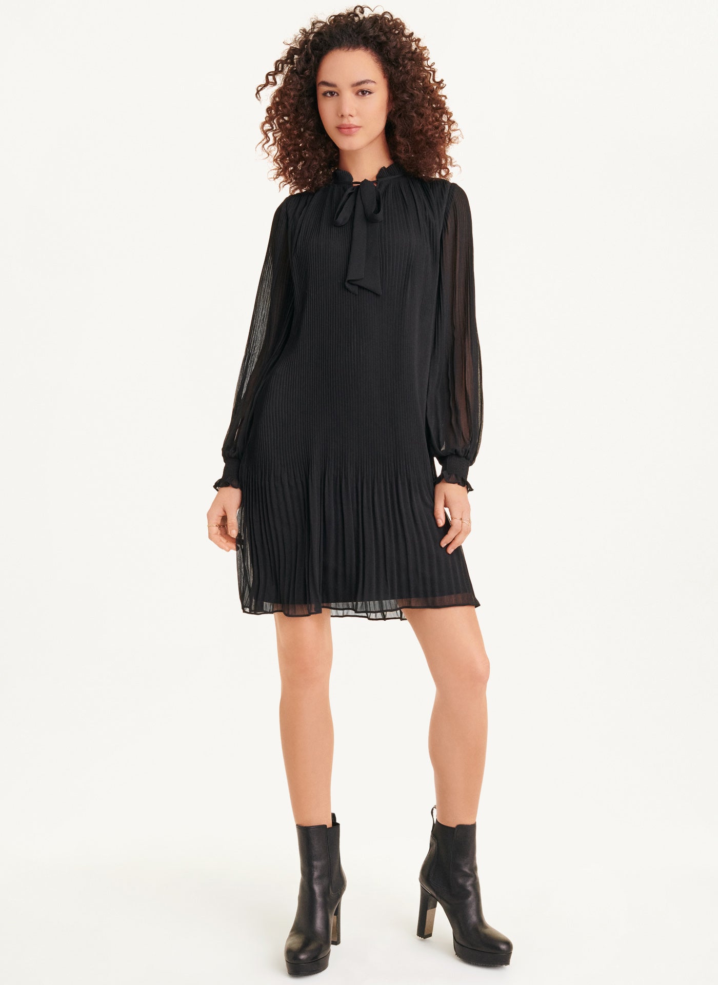 Black Pleated A Line Dress, VIEW 1 | SALE DRESSES