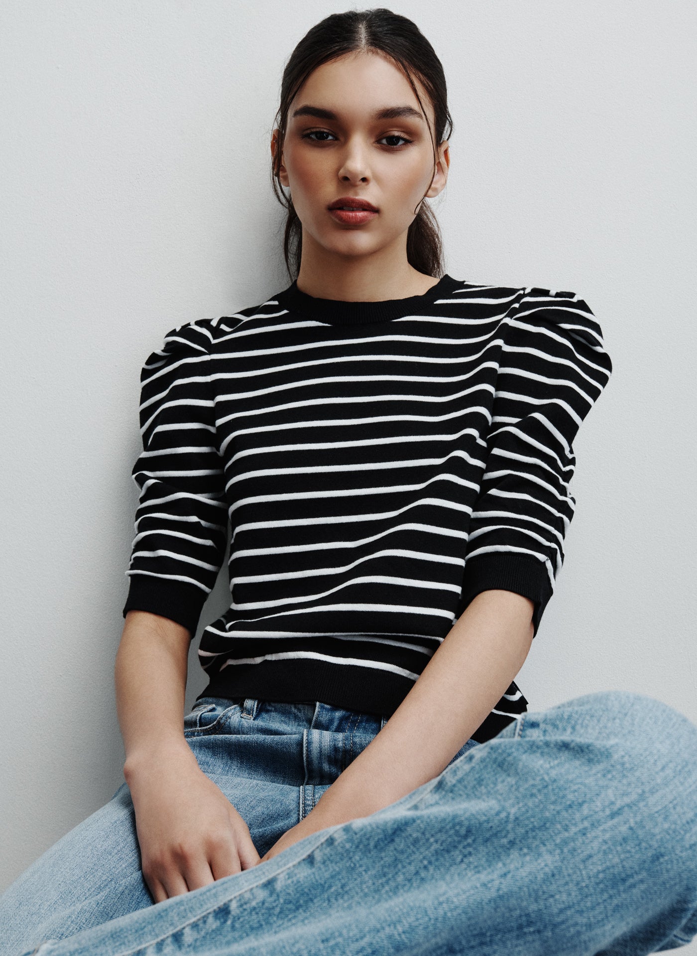 CREW NECK STRIPE TOP WITH PUFF SLEEVE VIEW 3 | Under $75