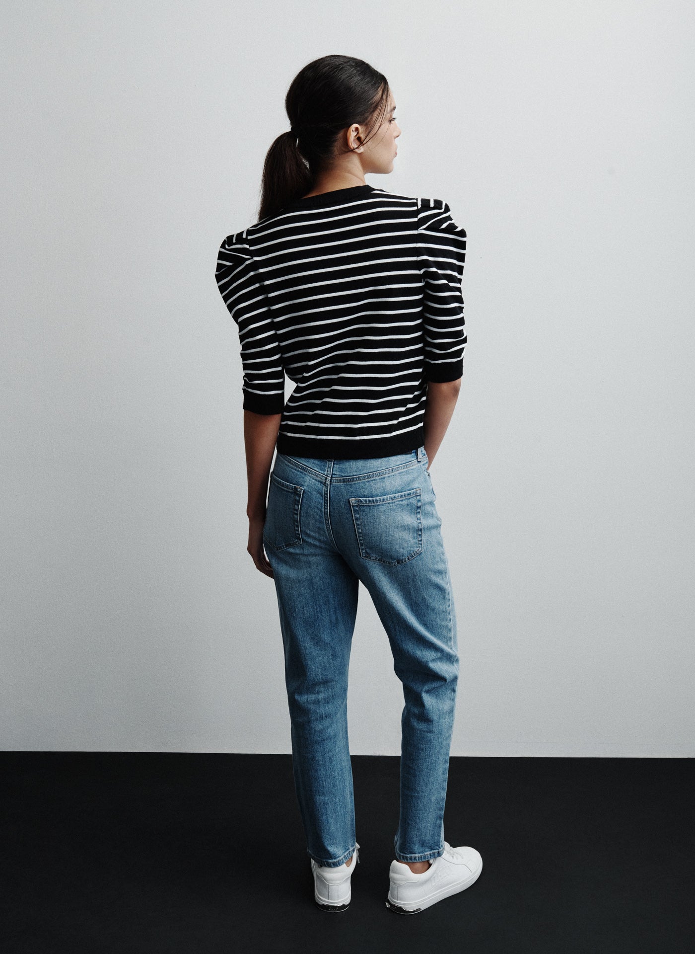 BLACK/ IVORY CREW NECK STRIPE TOP WITH PUFF SLEEVE, VIEW 2 | WOMEN'S SWEATERS & TOPS