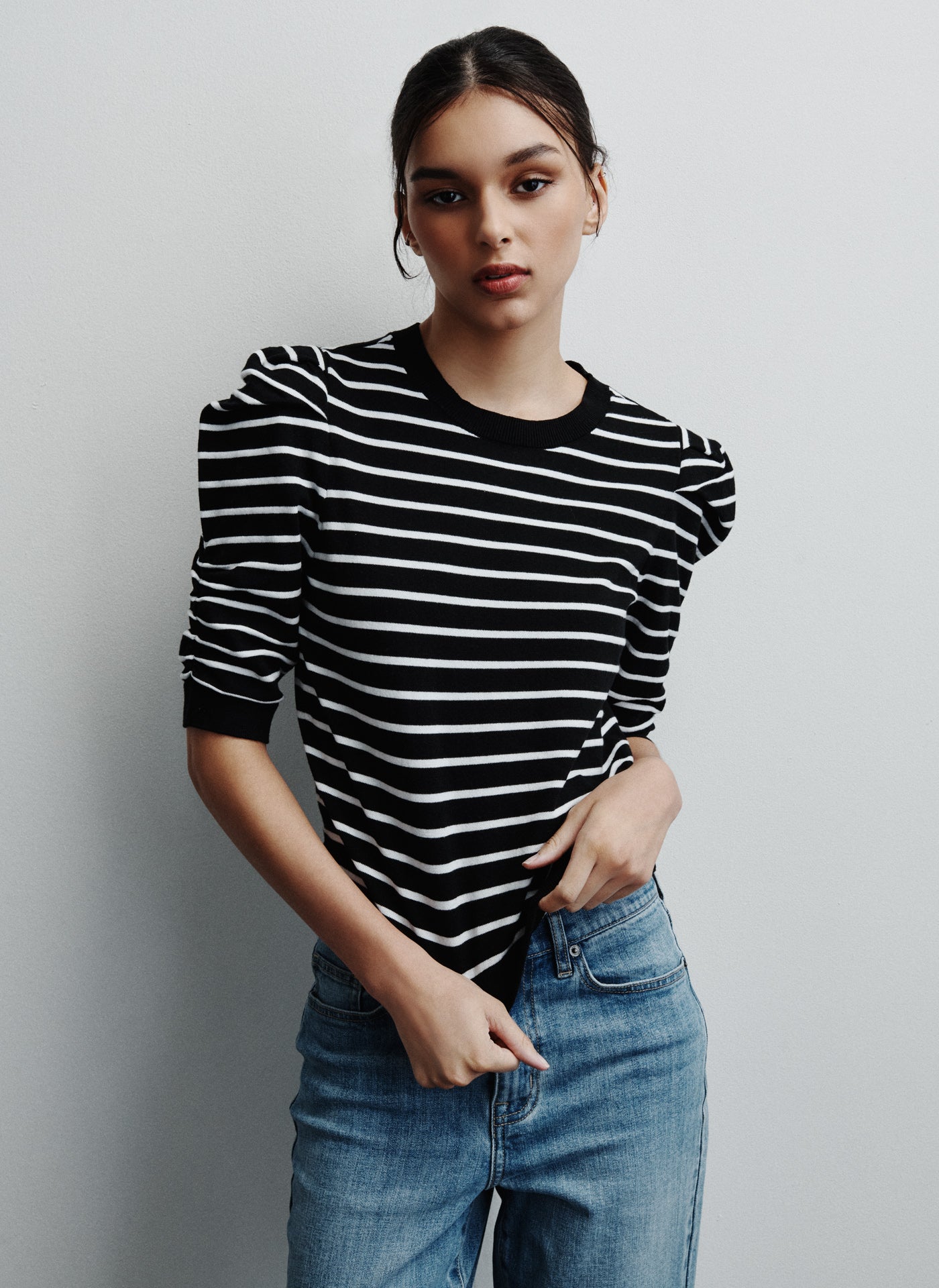 BLACK/ IVORY CREW NECK STRIPE TOP WITH PUFF SLEEVE, VIEW 1 | WOMEN'S SWEATERS & TOPS