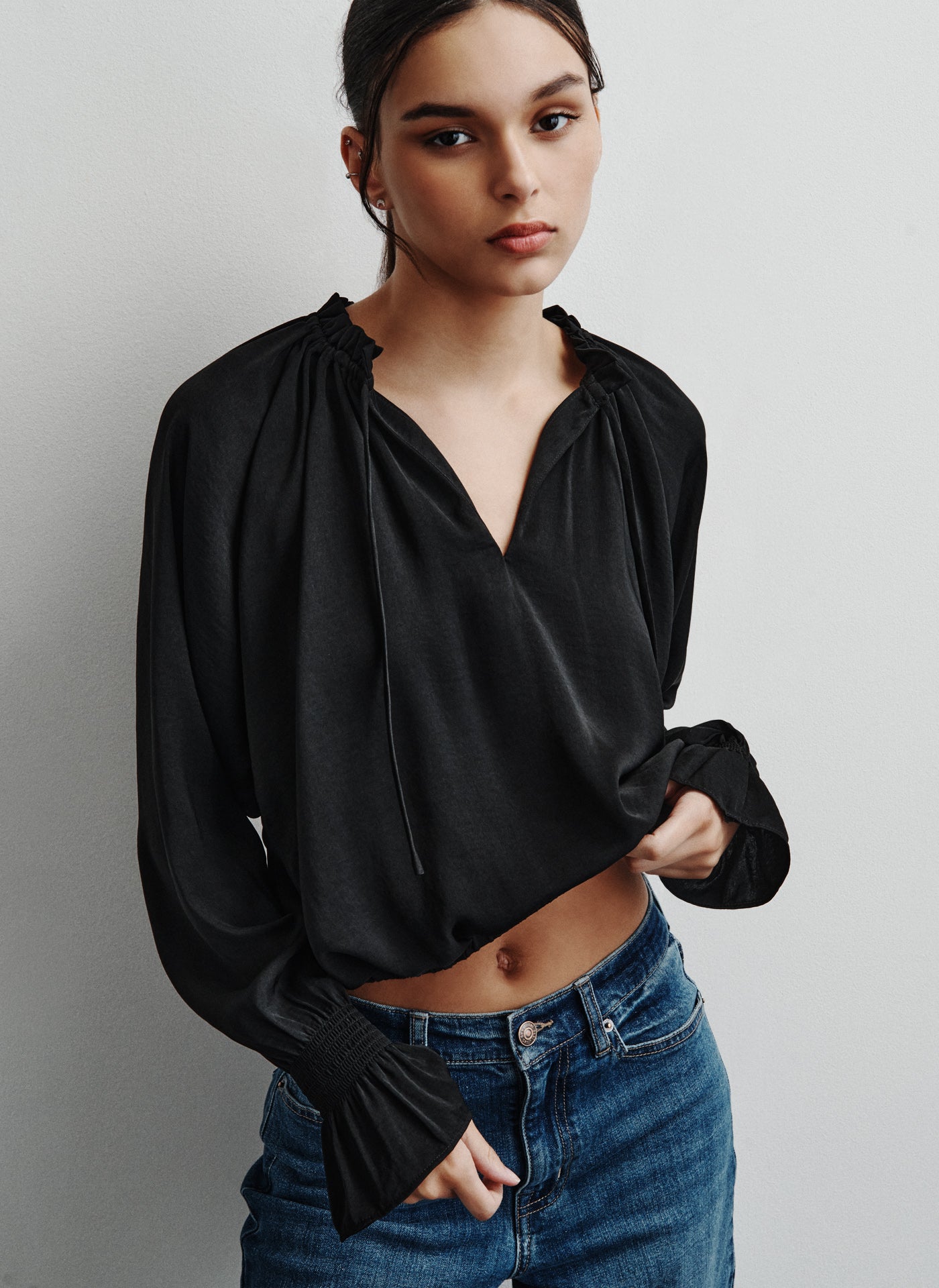 Black SMOCKED CUFF RAGLAN SLEEVE BLOUSE, VIEW 1 | Not Clearance or Preorder