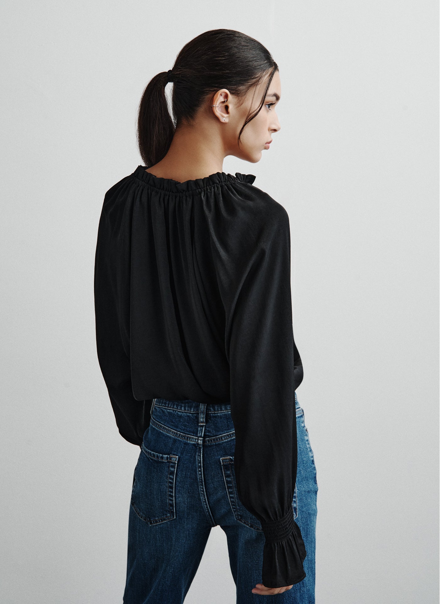 Black SMOCKED CUFF RAGLAN SLEEVE BLOUSE, VIEW 2 | Not Clearance or Preorder