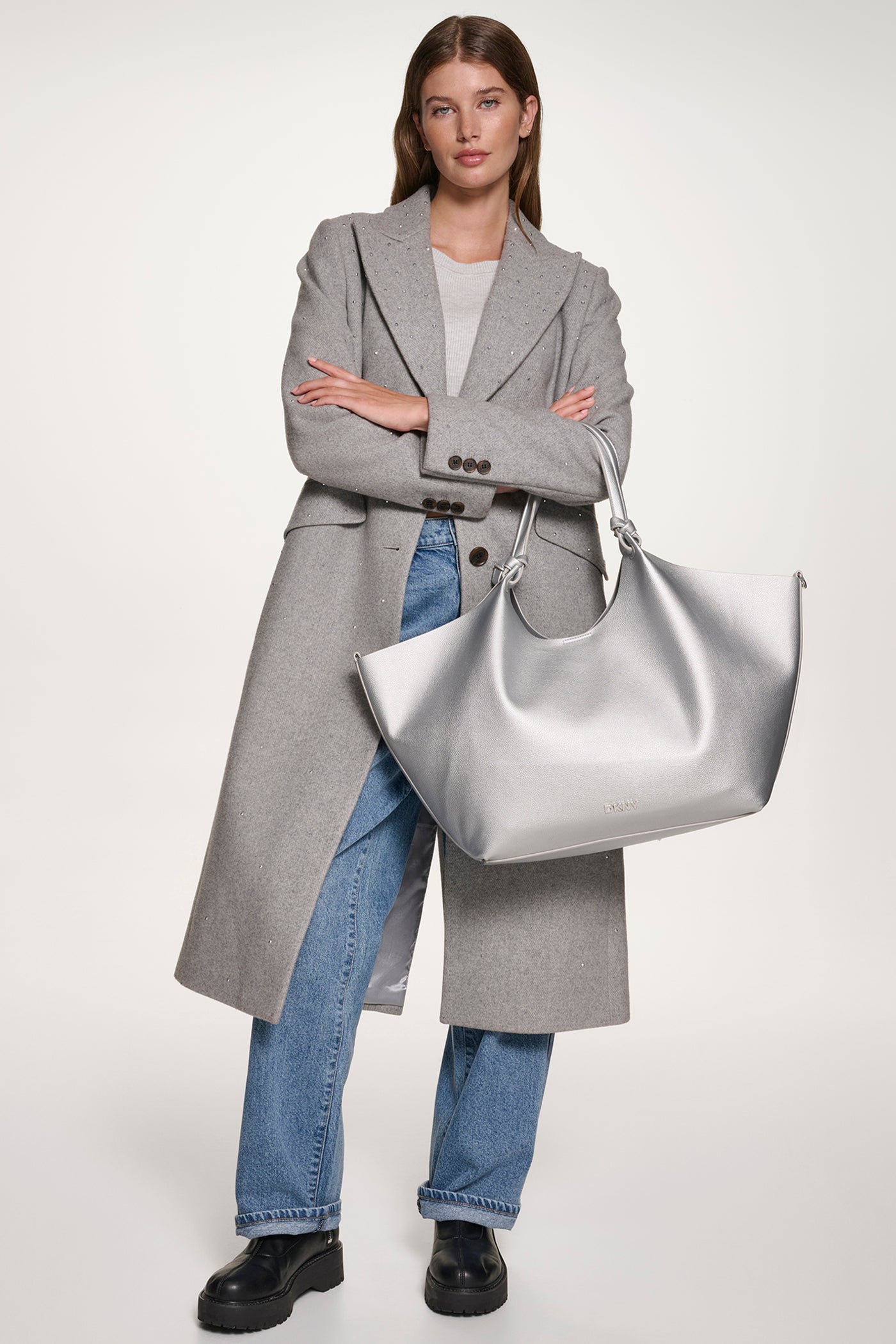 GREY COAT JACKET WITH SATIN DETAILS VIEW 5 | WOMENS COATS & JACKETS