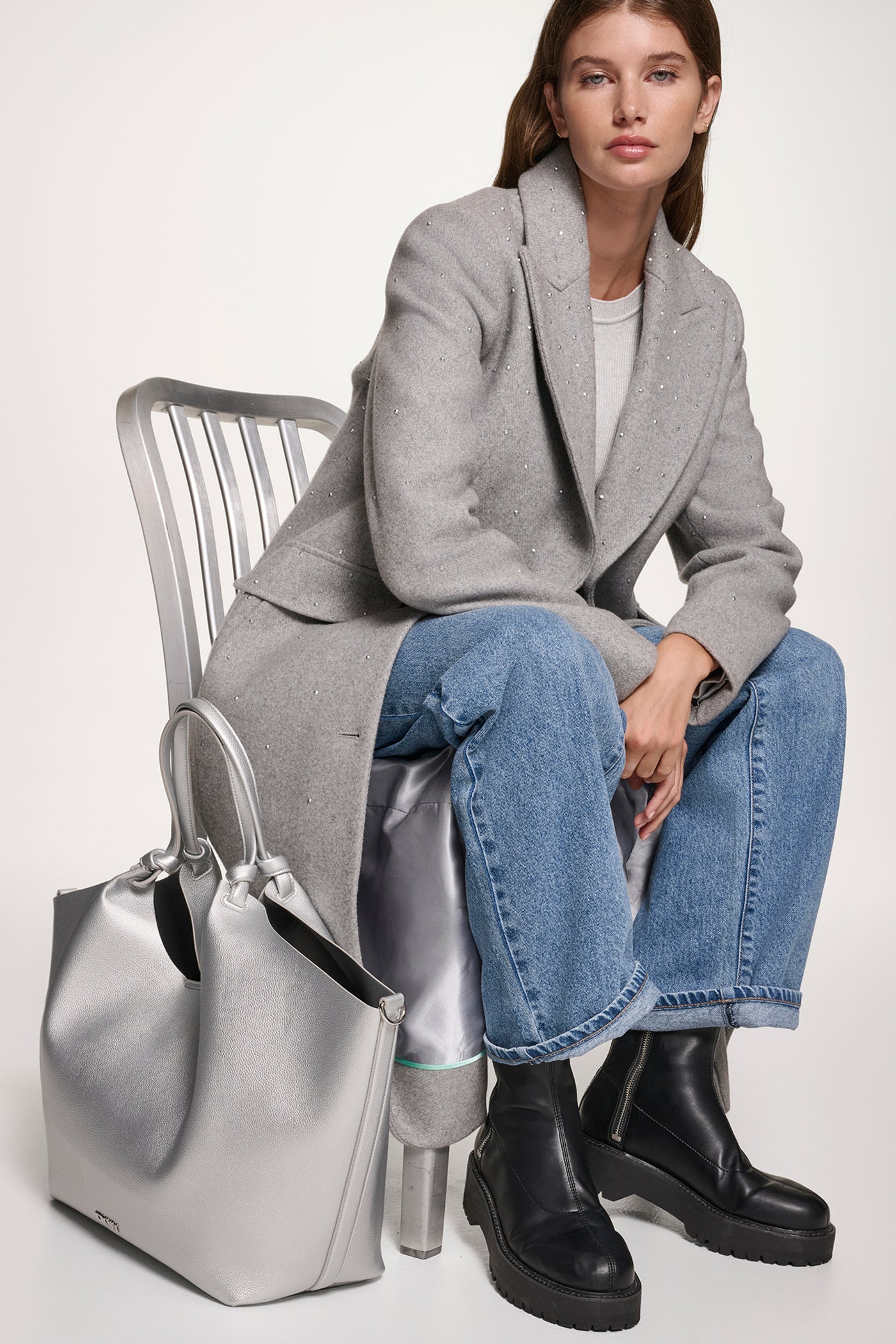 GREY COAT JACKET WITH SATIN DETAILS VIEW 6 | WOMENS COATS & JACKETS