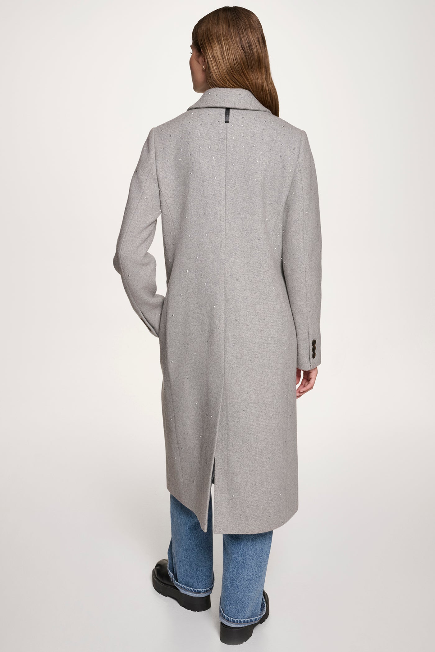 Grey GREY COAT JACKET WITH SATIN DETAILS, BACK VIEW | WOMENS COATS & JACKETS