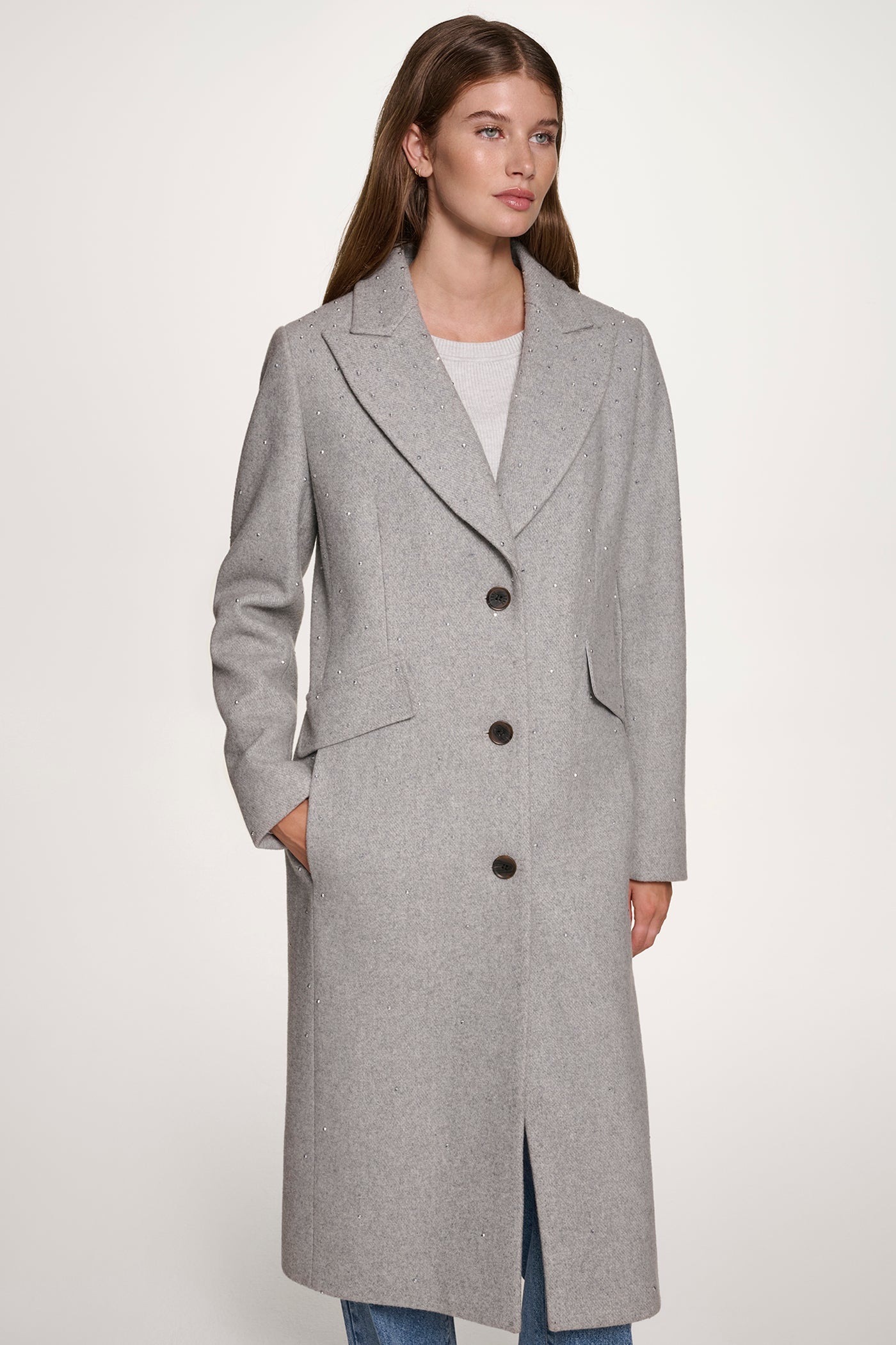 Grey GREY COAT JACKET WITH SATIN DETAILS, FRONT VIEW | WOMENS COATS & JACKETS
