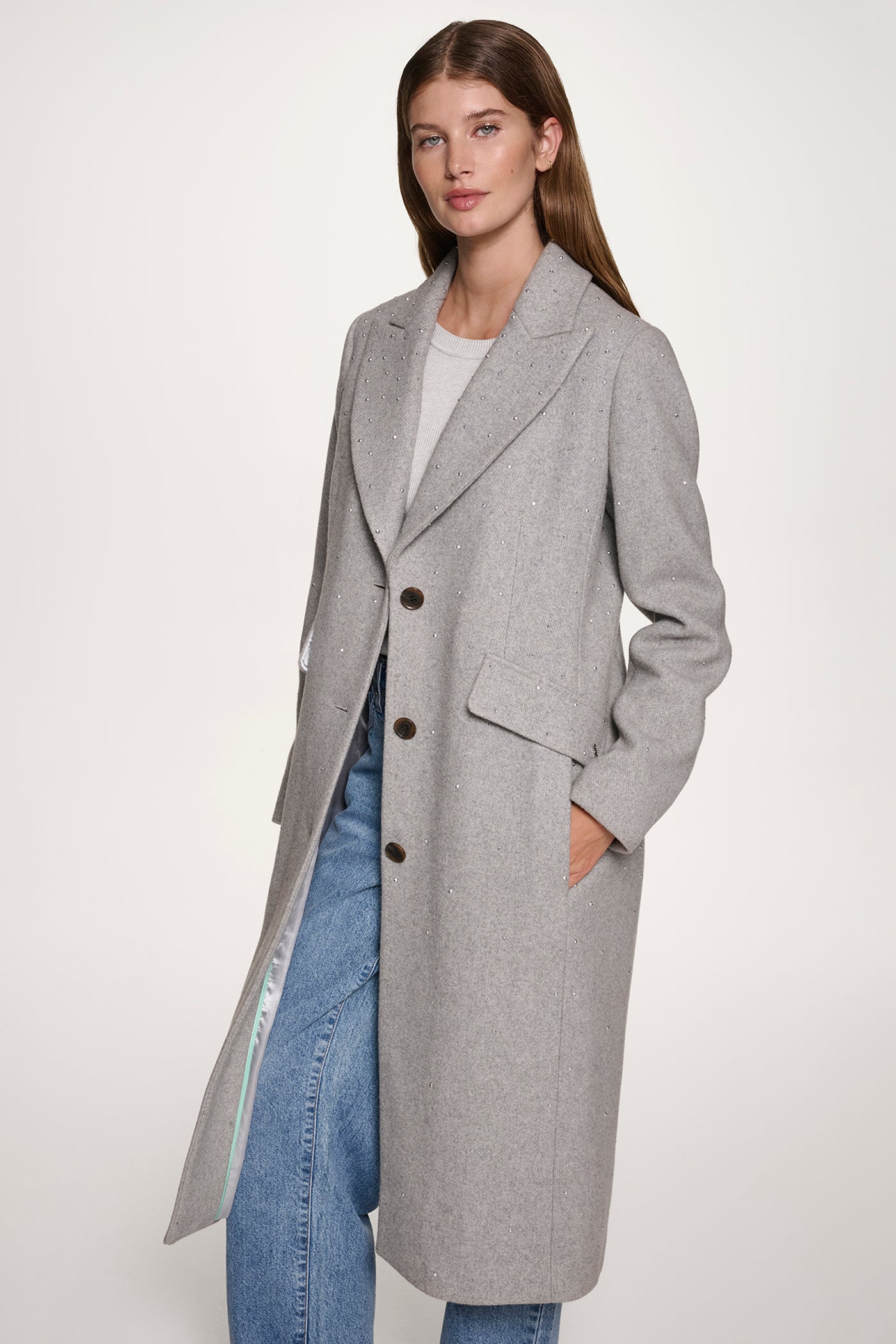GREY COAT JACKET WITH SATIN DETAILS VIEW 3 | WOMENS COATS & JACKETS