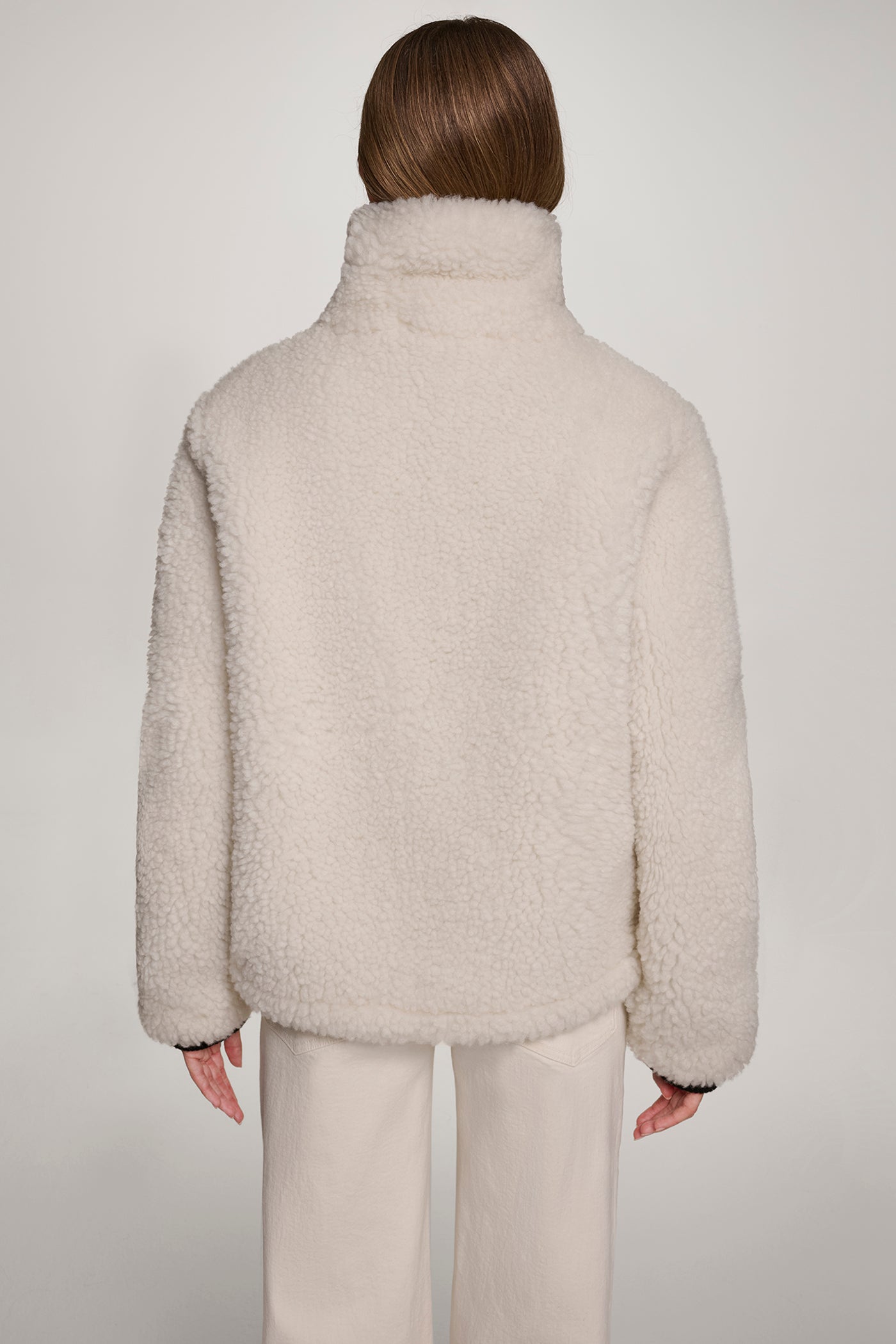 CREAM FAUX FUR BUCKLE DETAIL SHERPA, BACK VIEW | WOMENS COATS & JACKETS