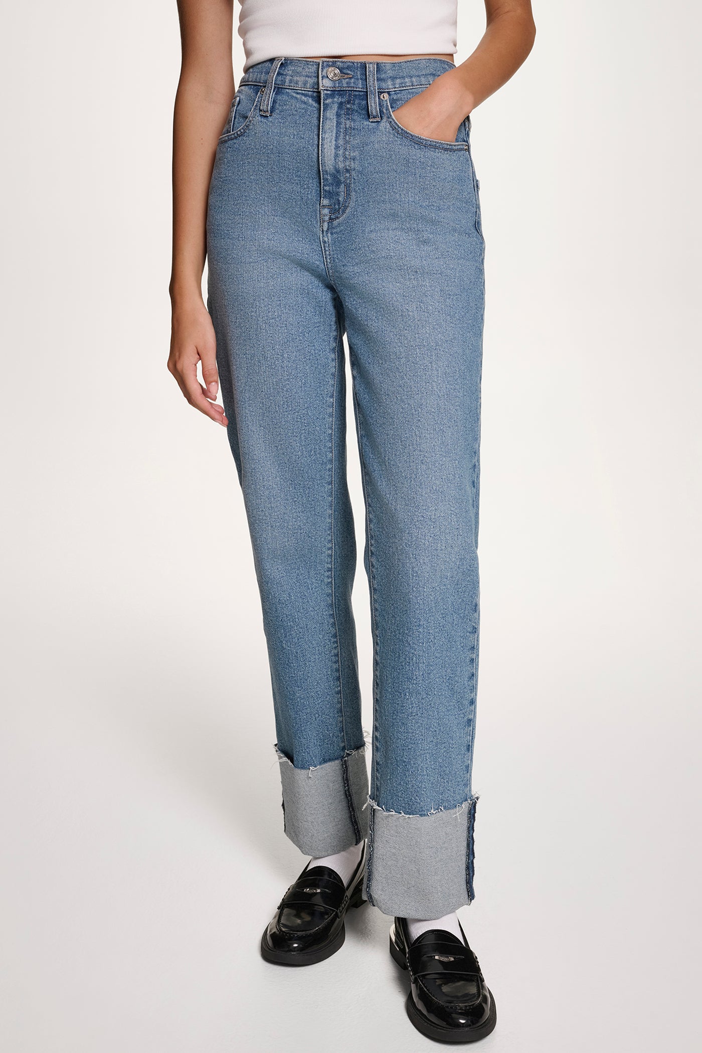 WEST SIDE HIGH-RISE RAW-EDGE CUFFED STRAIGHT-LEG JEANS, VIEW 1 | Fall Collection