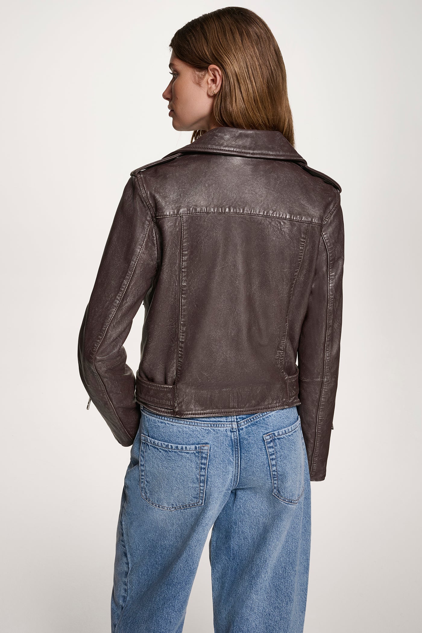 ESPRESSO DISTRESSED LEATHER MOTO JACKET, BACK VIEW | Clothing