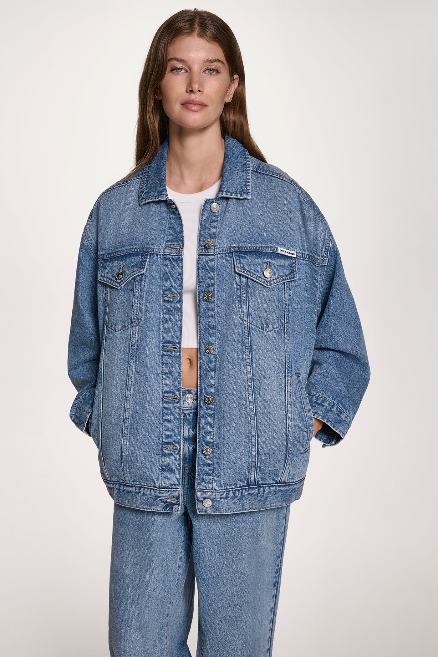 CEDAR STREET MAXI DENIM TRUCKER JACKET, FRONT VIEW | Clothing
