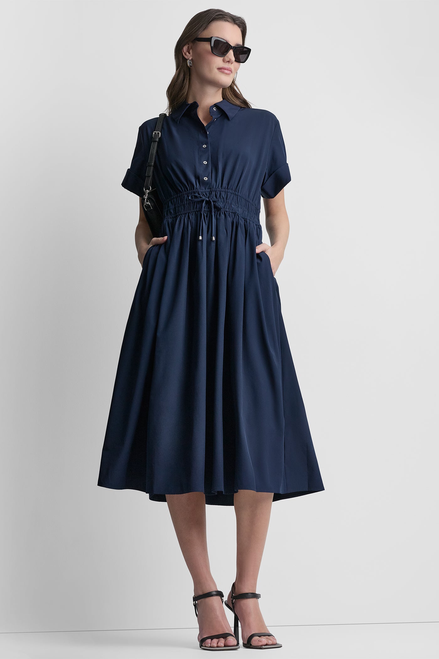 Spring Navy SMOCKED-WAIST COMMUTER DRESS, VIEW 1 | SPRING 2026