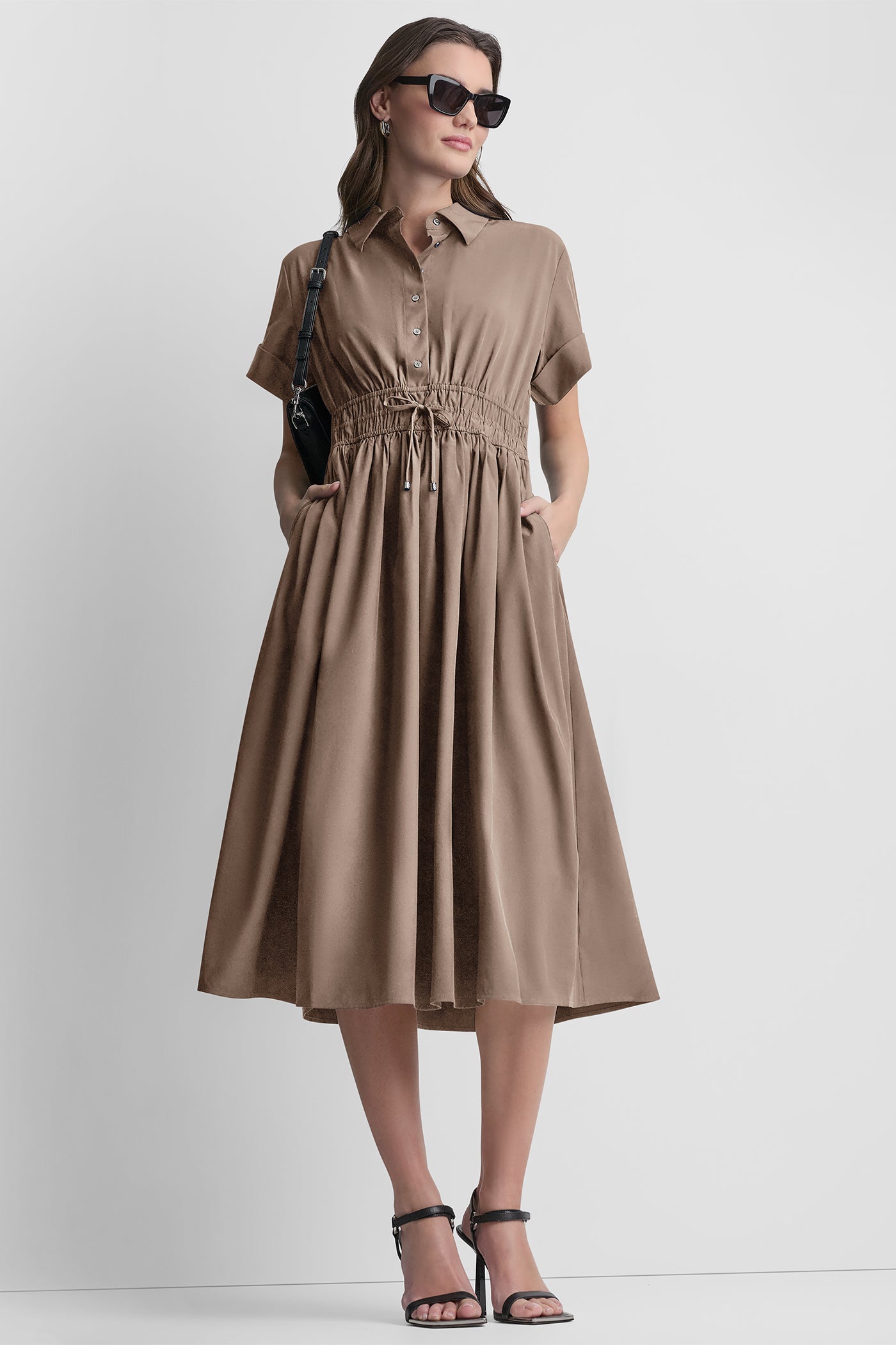 Cappuccino SMOCKED-WAIST COMMUTER DRESS, VIEW 1 | Dresses & Jumpsuits