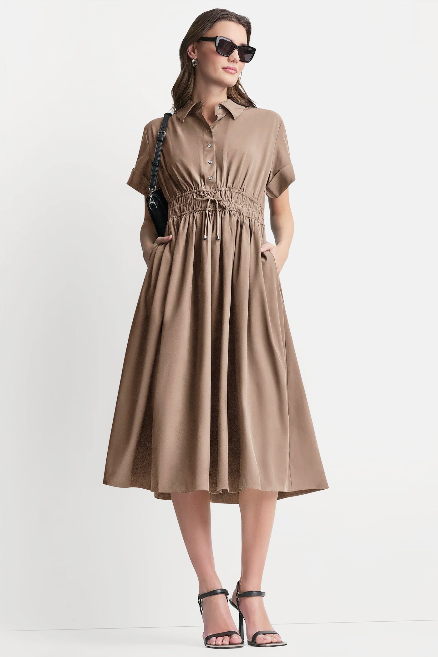 Cappuccino SMOCKED-WAIST COMMUTER DRESS, VIEW 1 | Dresses Under $100