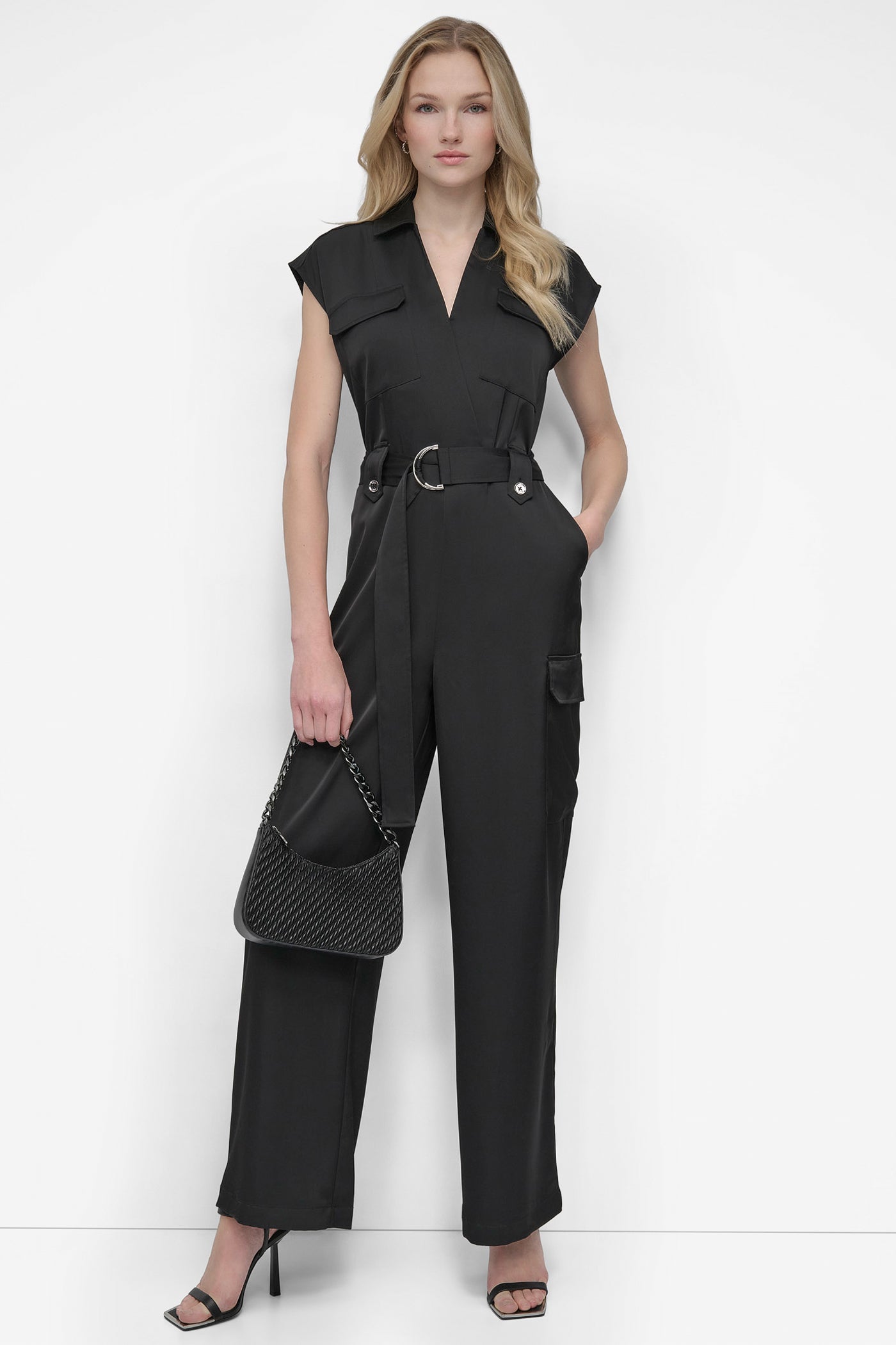 Black BELTED WRAP-EFFECT CARGO JUMPSUIT, VIEW 1 | SALE DRESSES