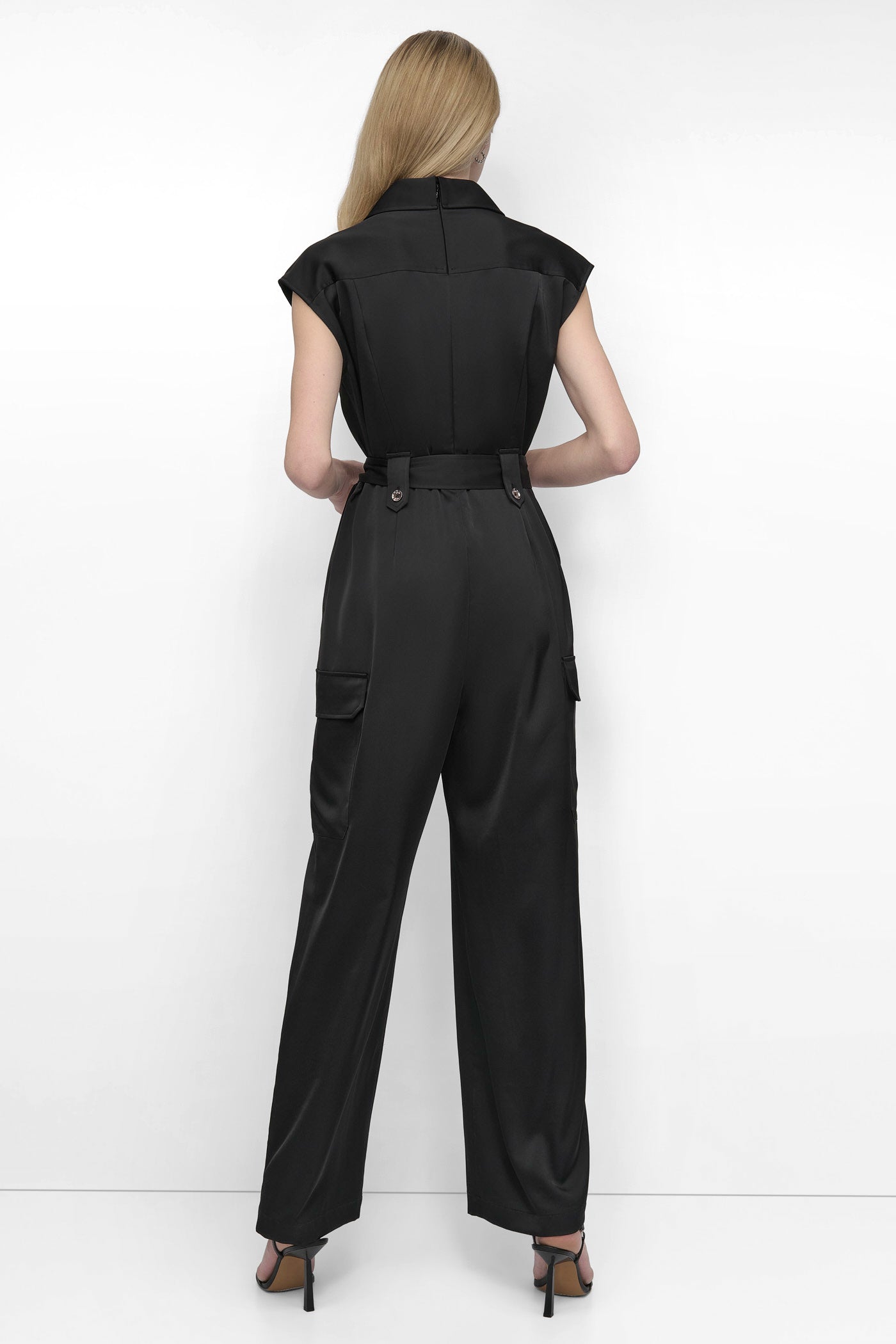 Black BELTED WRAP-EFFECT CARGO JUMPSUIT, VIEW 2 | SALE DRESSES