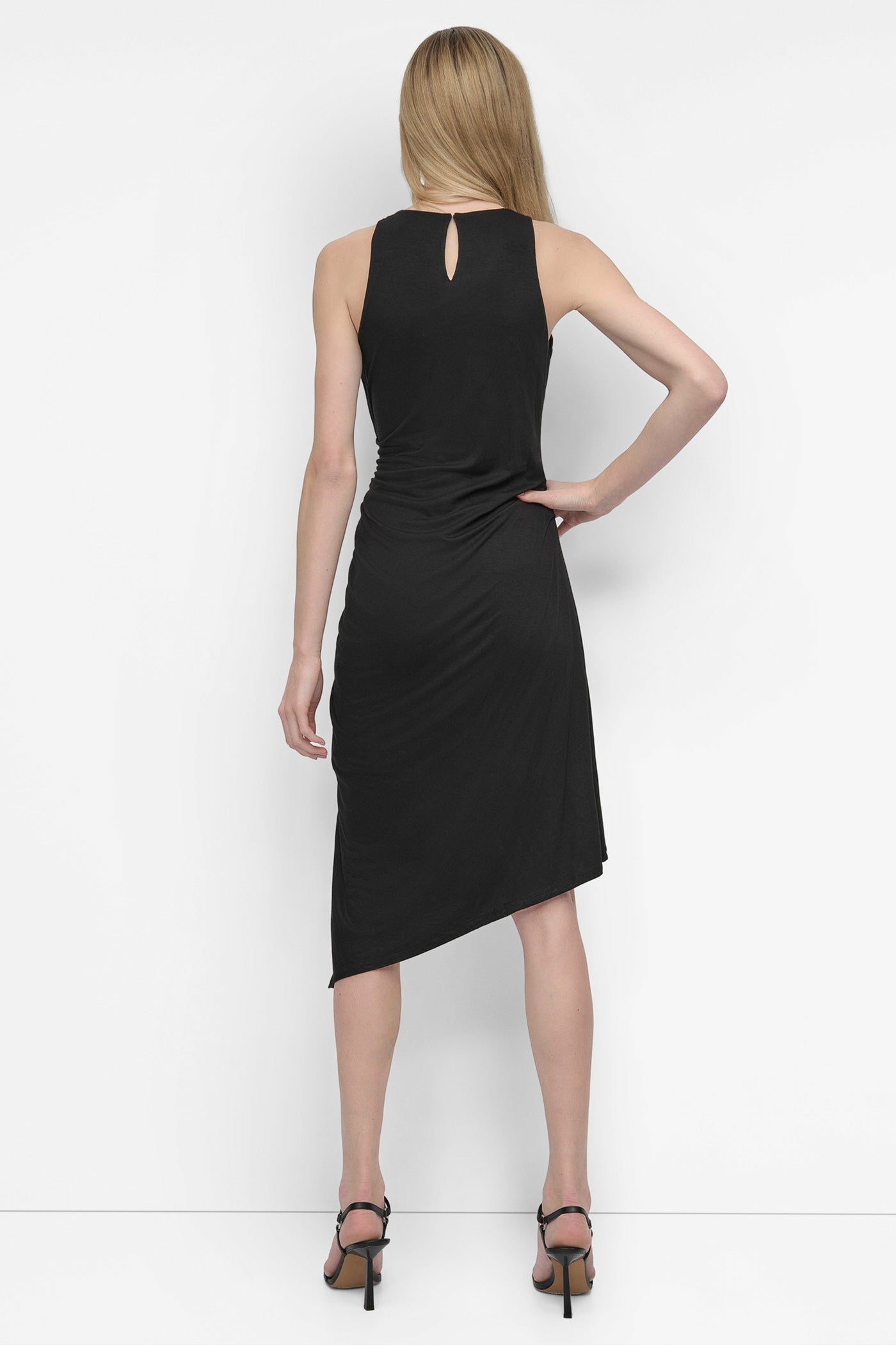 Black ASYMMETRIC FIT & FLARE MIDI DRESS, BACK VIEW | Products