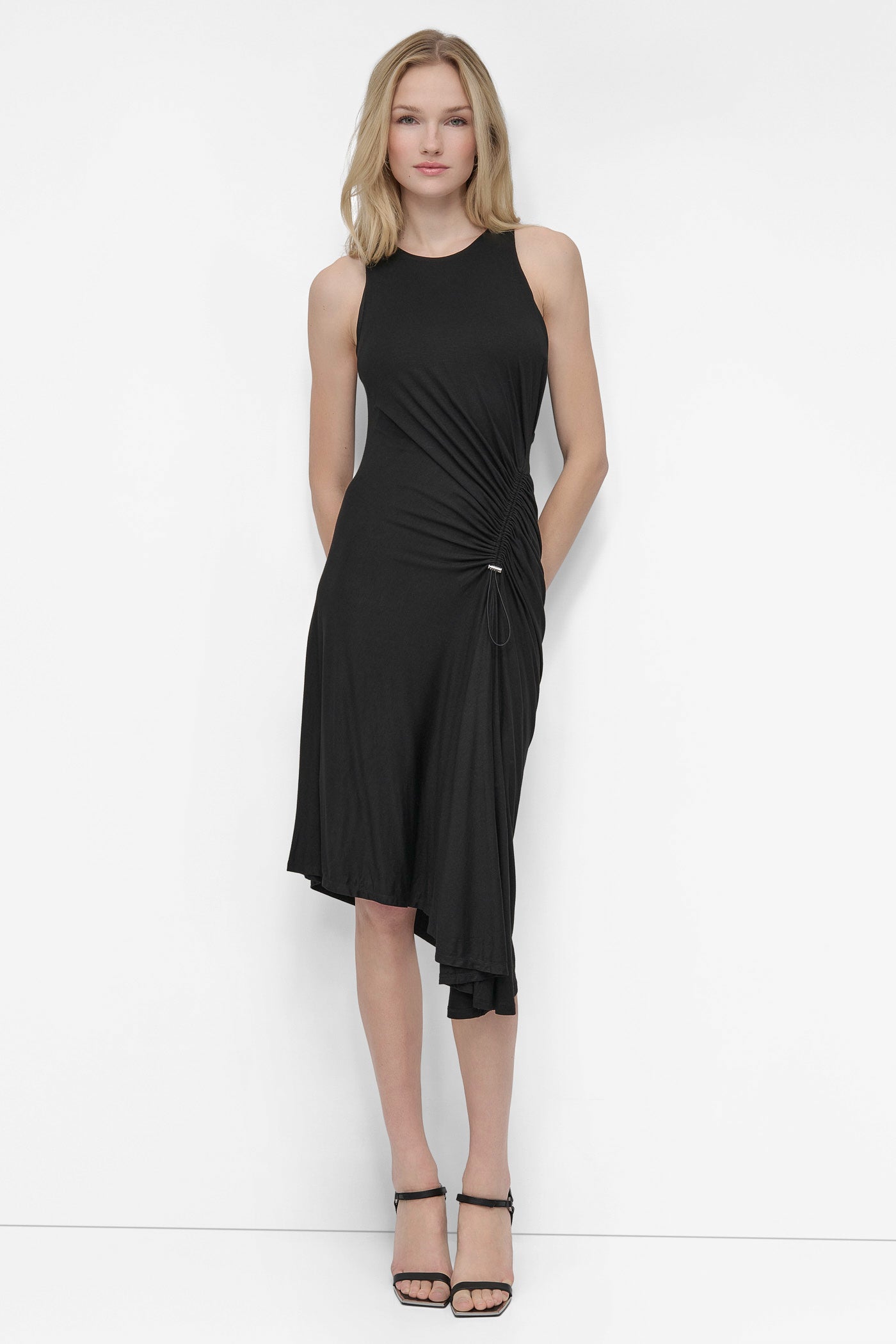 Black ASYMMETRIC FIT & FLARE MIDI DRESS, FRONT VIEW | Products