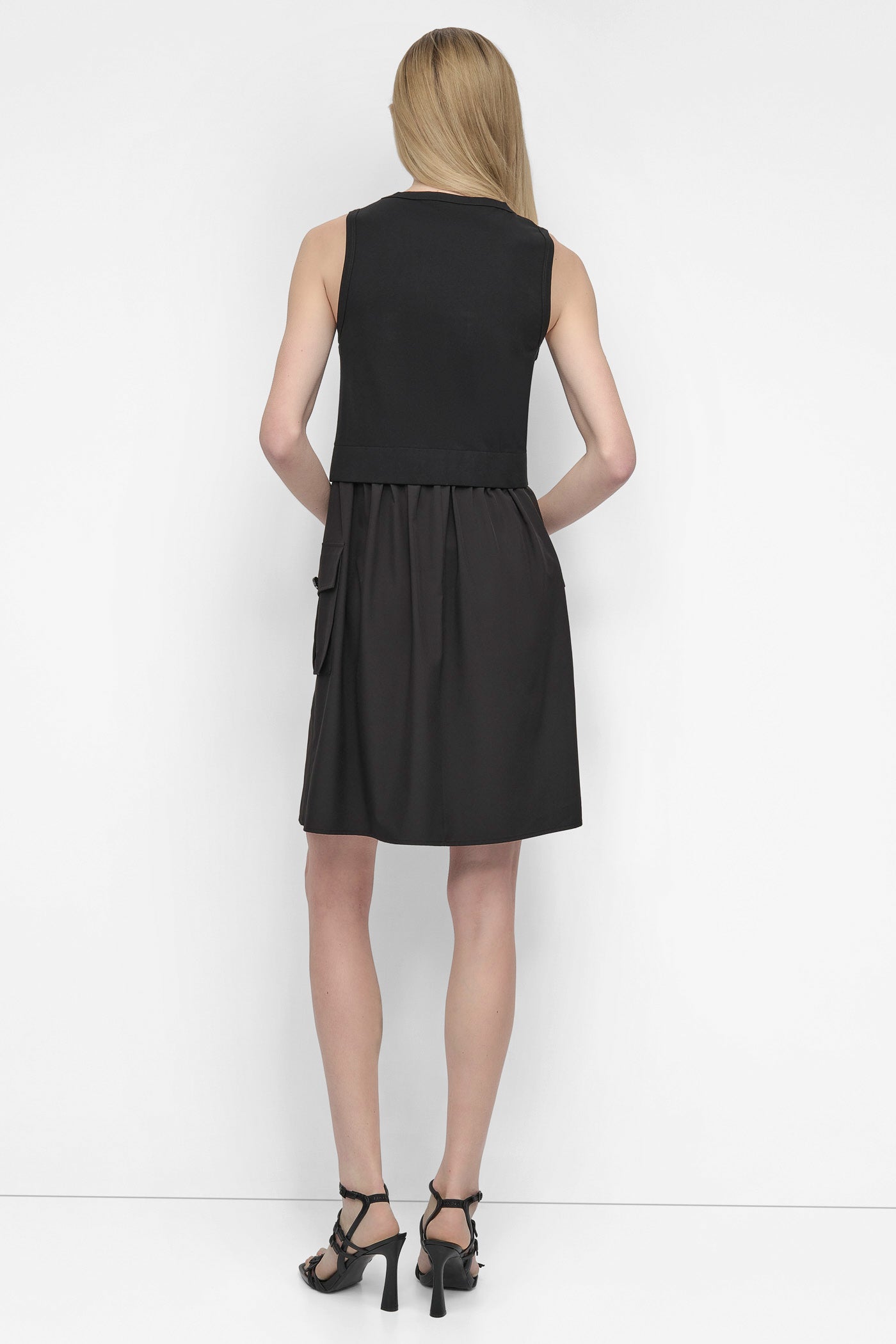 Black MIXED MEDIA CARGO A-LINE DRESS, BACK VIEW | SALE DRESSES