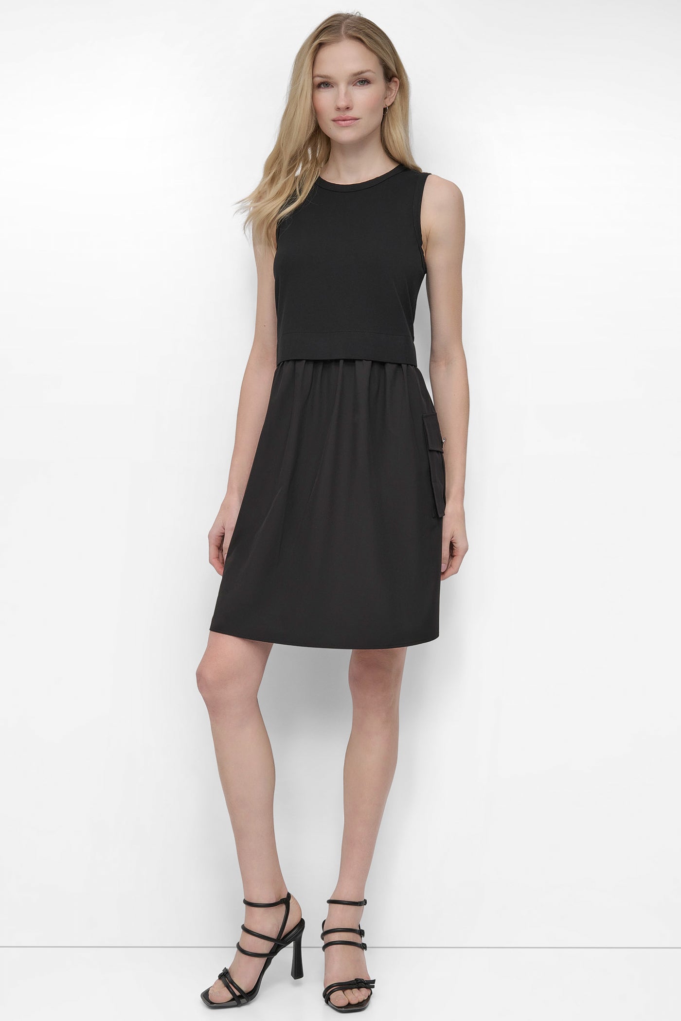 Black MIXED MEDIA CARGO A-LINE DRESS, FRONT VIEW | SALE DRESSES