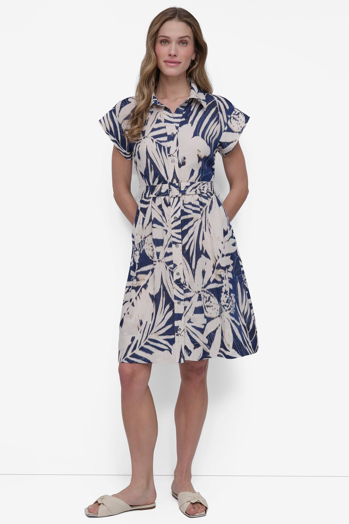 NAVY MULTI BELTED FLORAL SHIRT DRESS, FRONT VIEW | SALE DRESSES