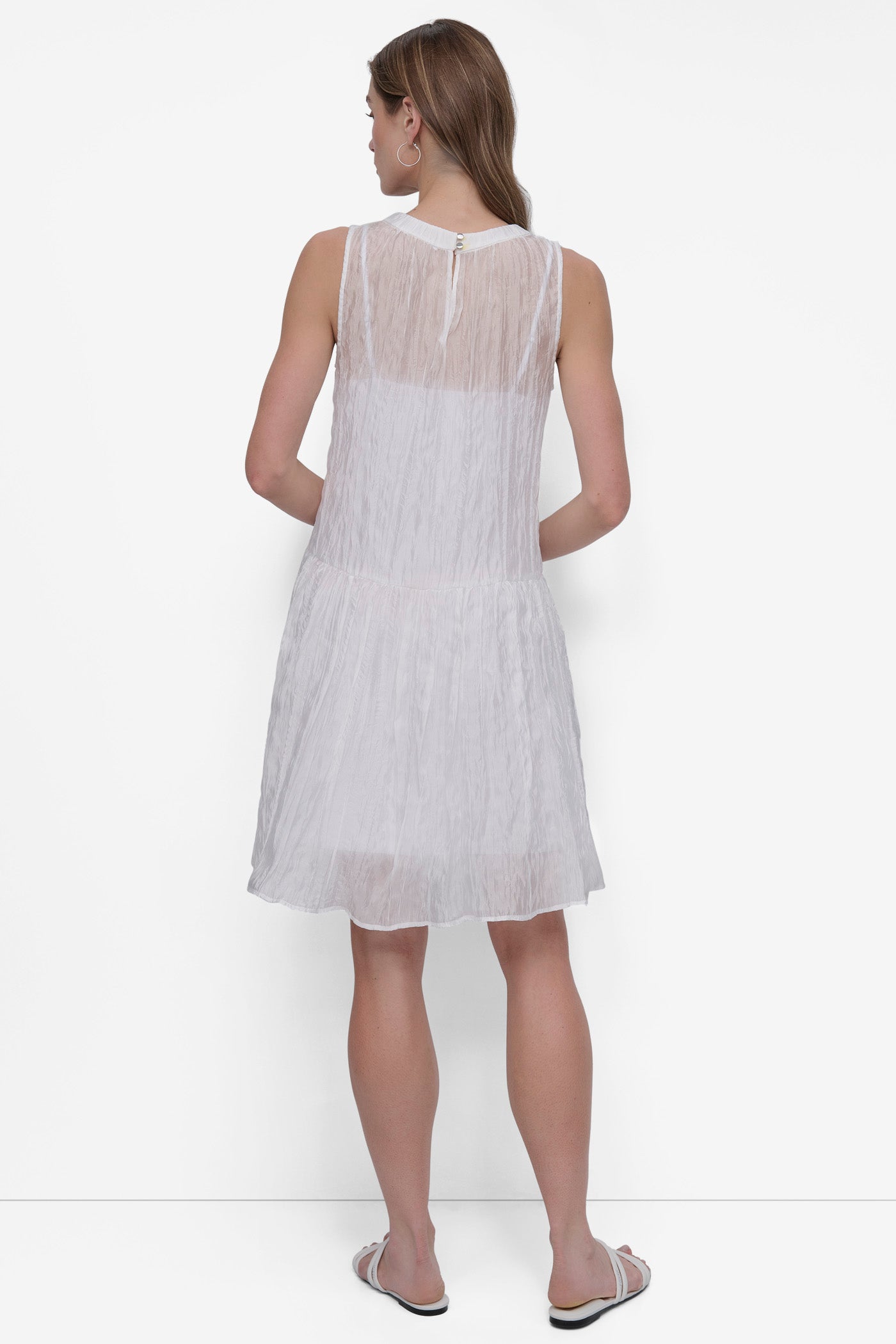 BRIGHT WHITE LAYERED DROP WAIST TRAPEZE DRESS, BACK VIEW | SELECT STYLES