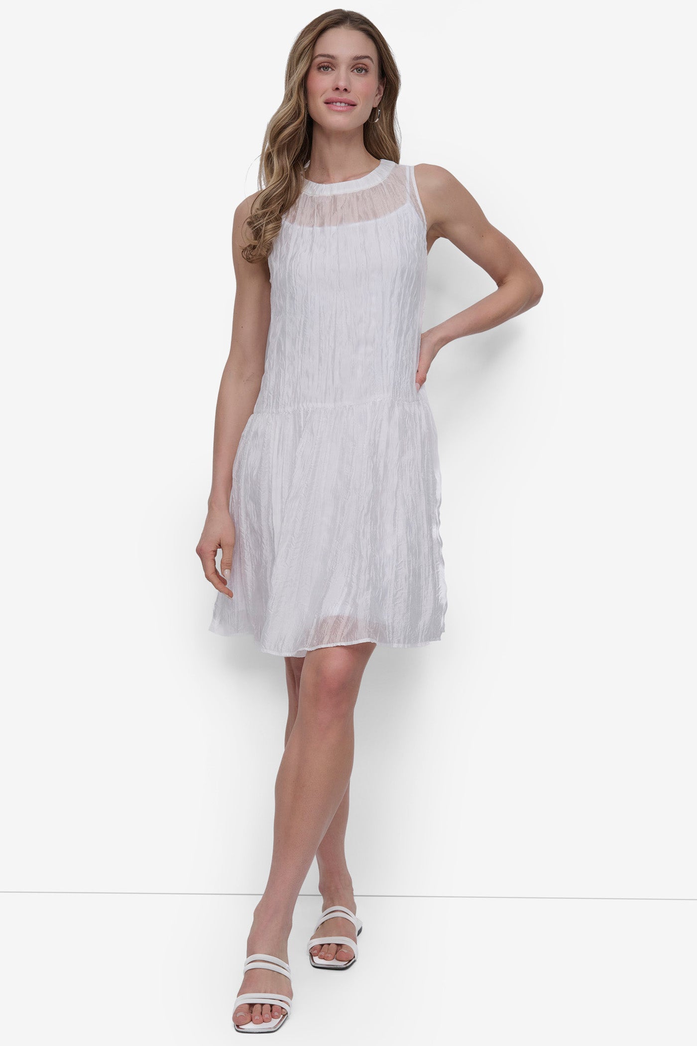 BRIGHT WHITE LAYERED DROP WAIST TRAPEZE DRESS, FRONT VIEW | SELECT STYLES