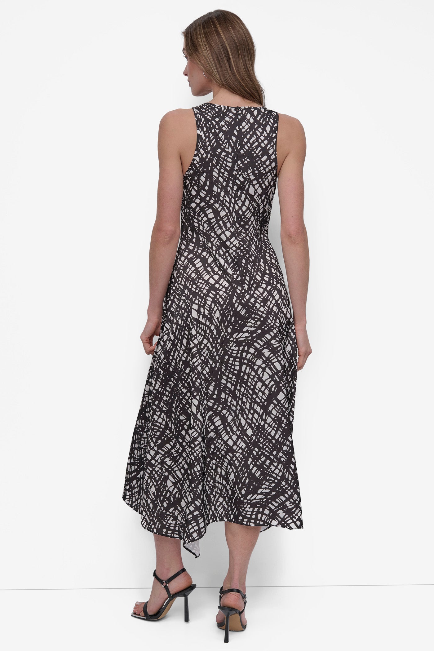 Black/Ivory FIT & FLARE HIGH-LOW MIDI DRESS, BACK VIEW | SALE DRESSES