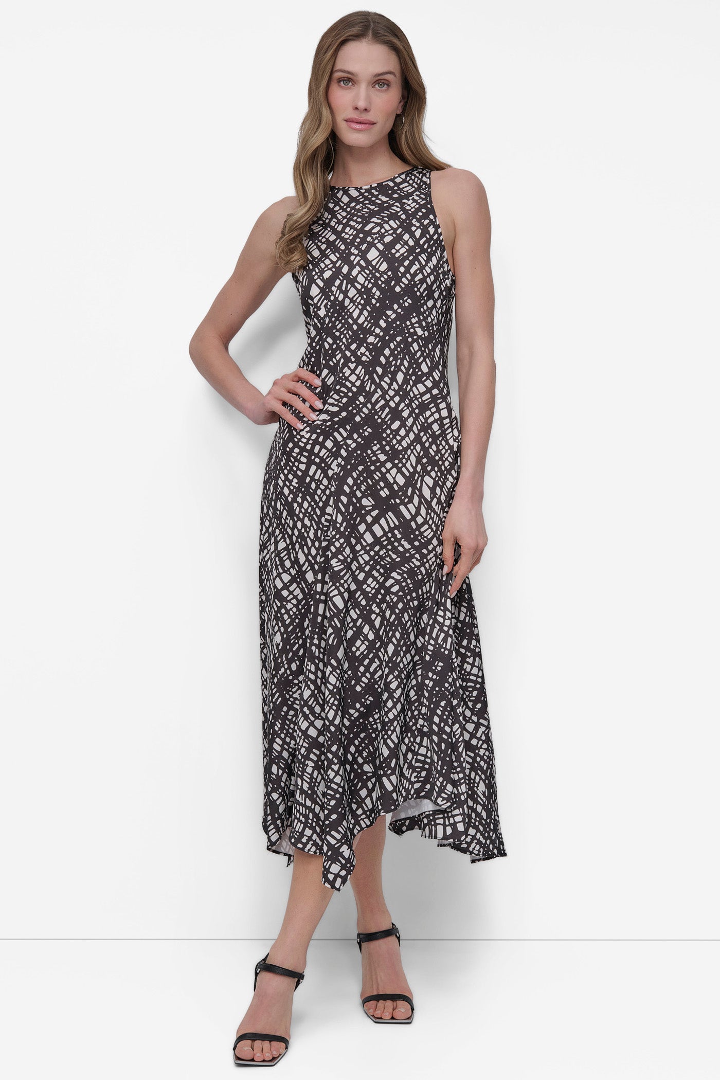 Black/Ivory FIT & FLARE HIGH-LOW MIDI DRESS, FRONT VIEW | SALE DRESSES