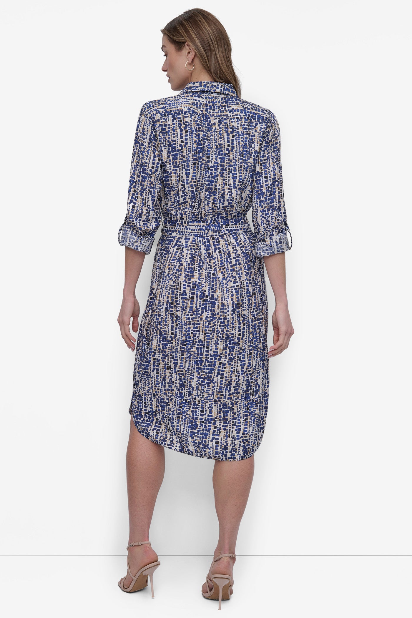 Navy/Tannin Multi BELTED TIERED MIDI SHIRT DRESS, BACK VIEW | SALE DRESSES