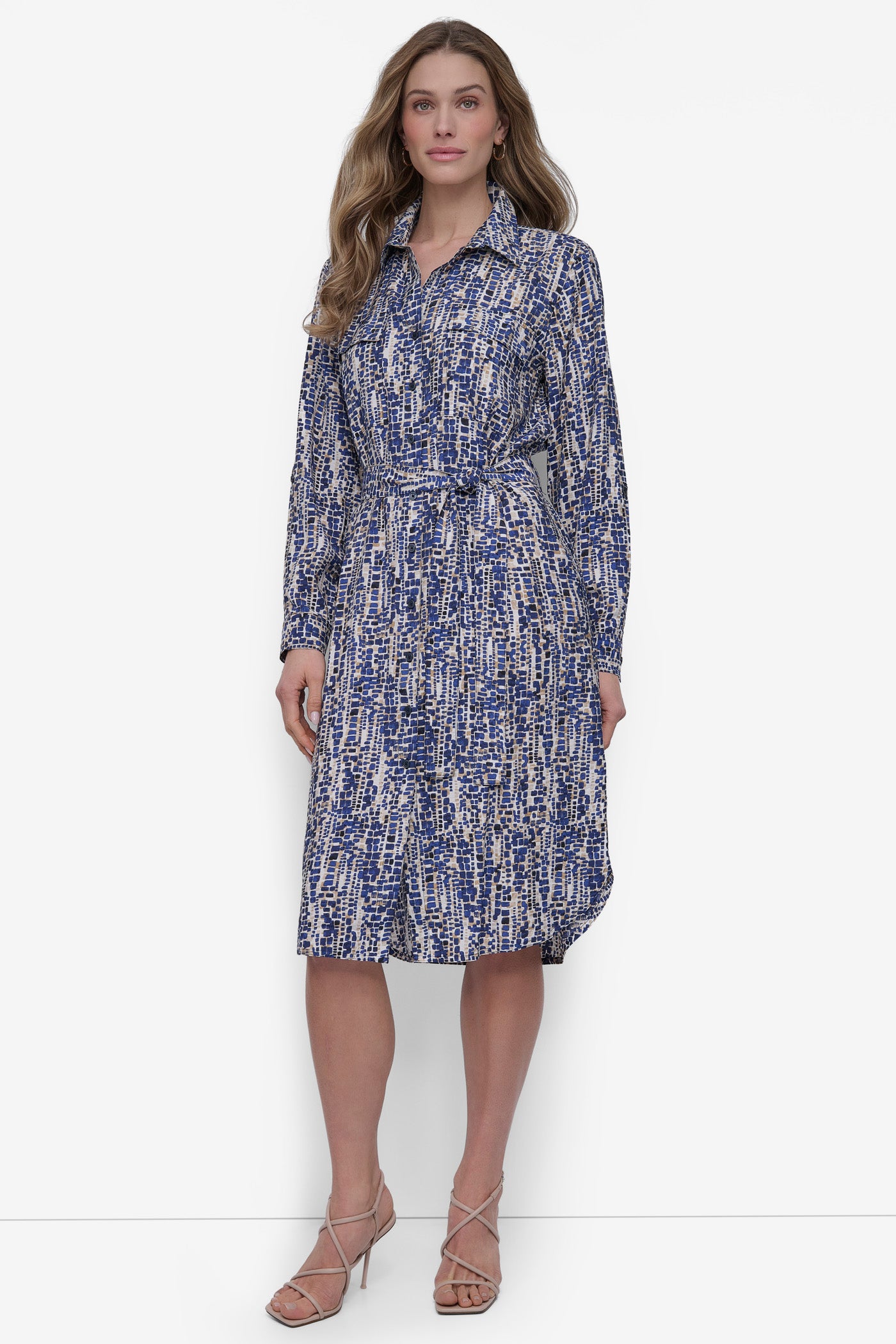 Navy/Tannin Multi BELTED TIERED MIDI SHIRT DRESS, FRONT VIEW | SALE DRESSES