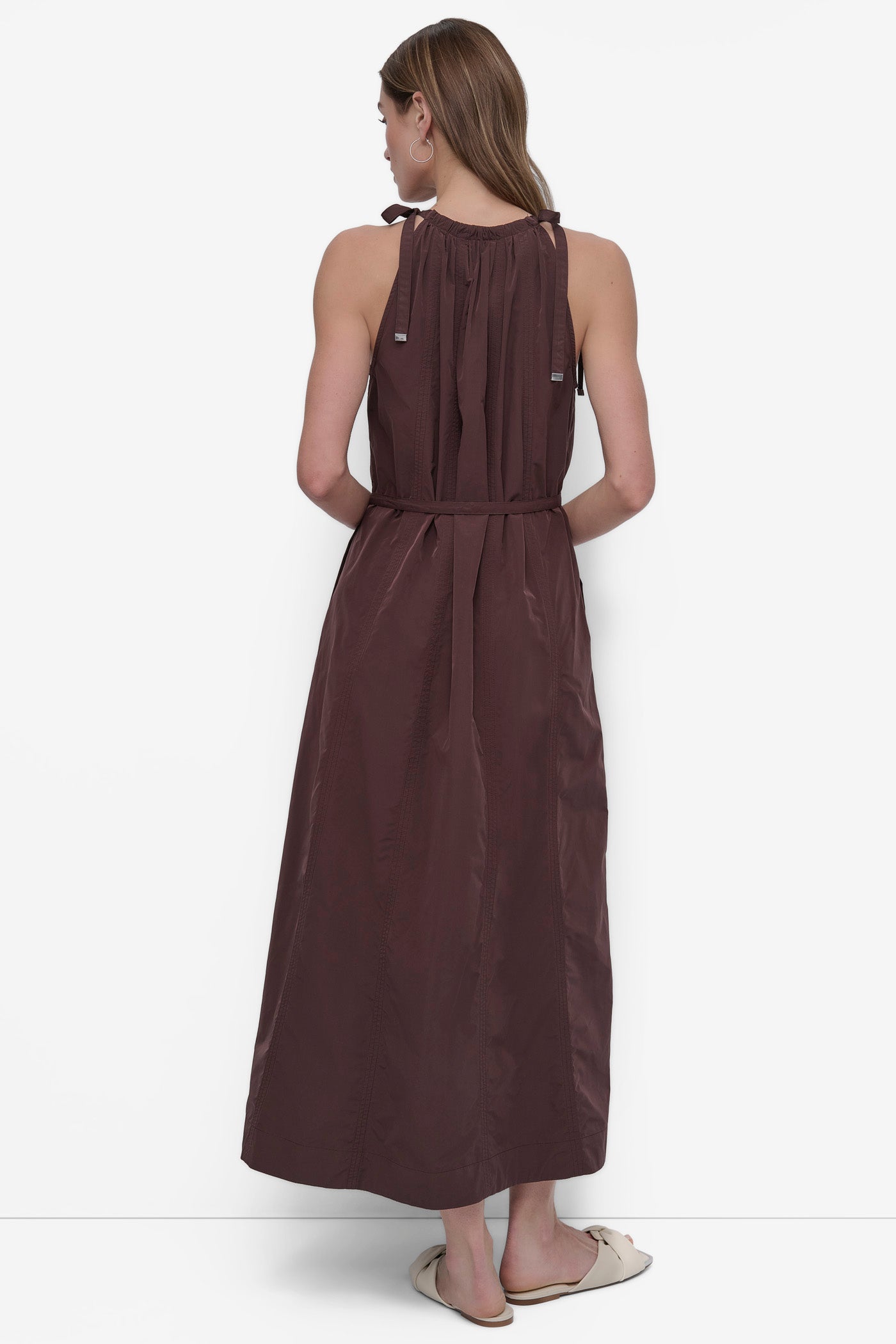 Chocolate Plum FIT & FLARE HALTER MAXI DRESS, BACK VIEW | SALE DRESSES