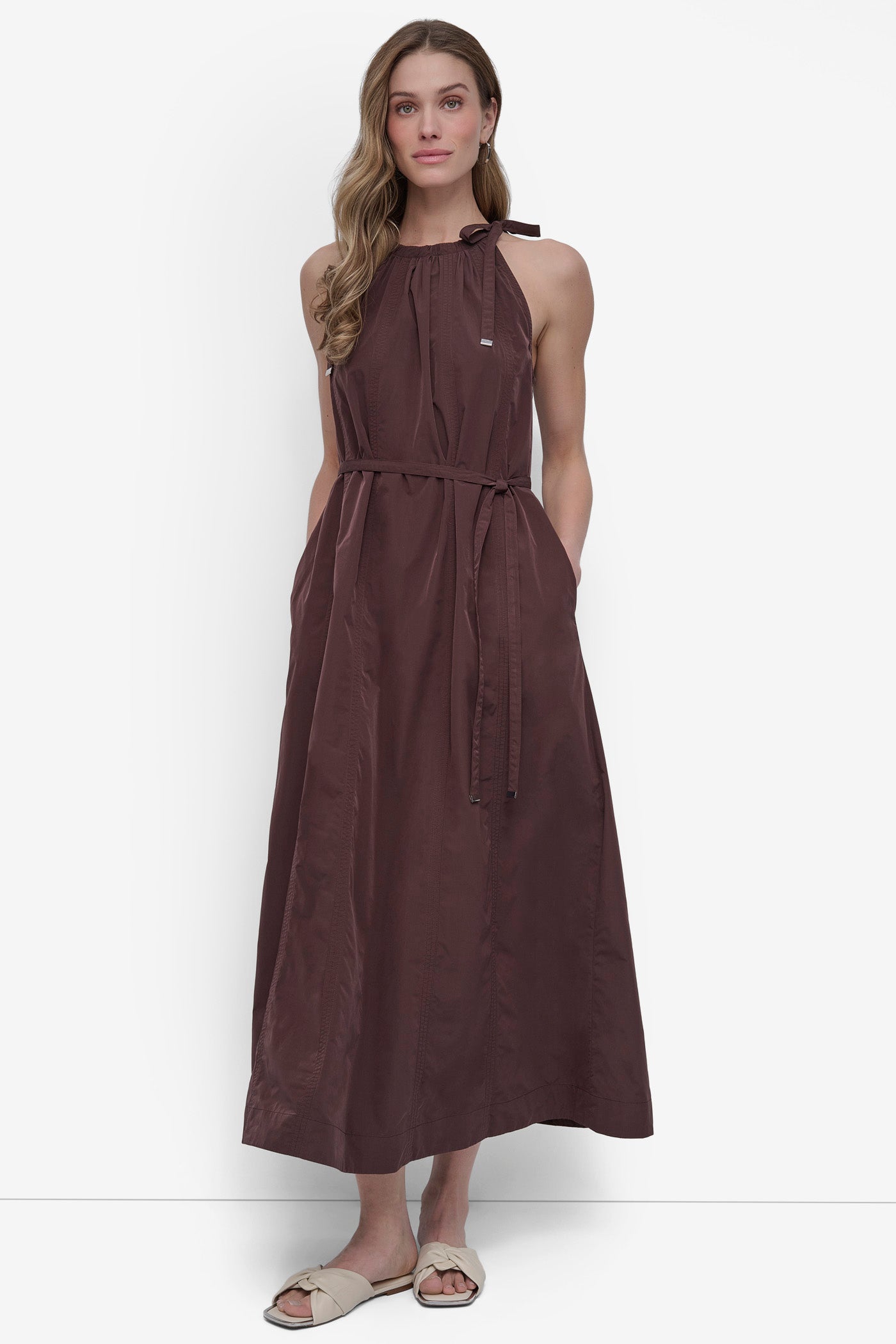 Chocolate Plum FIT & FLARE HALTER MAXI DRESS, FRONT VIEW | SALE DRESSES