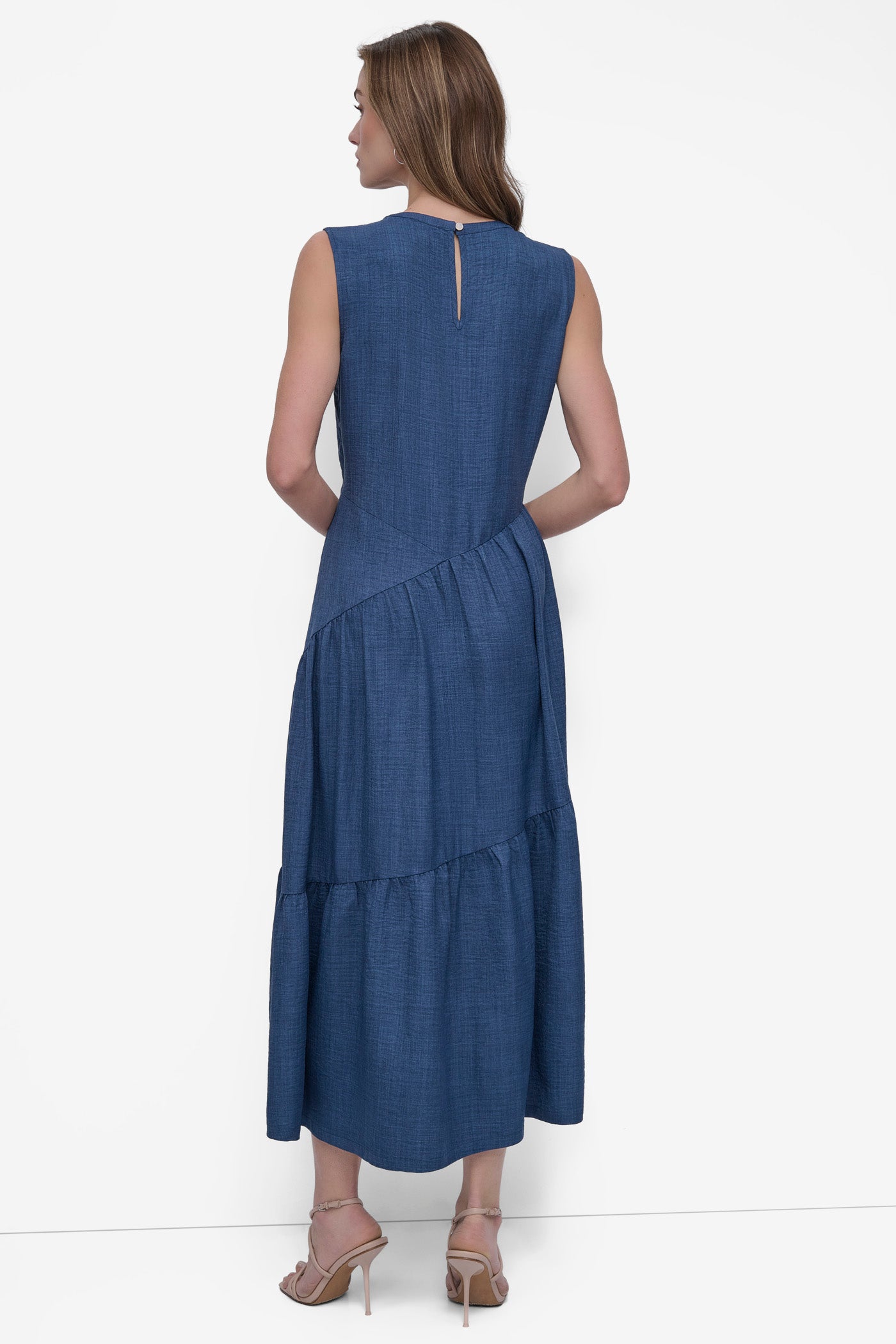 Denim TIERED ASYMMETRIC MAXI DRESS, BACK VIEW | Denim Destination