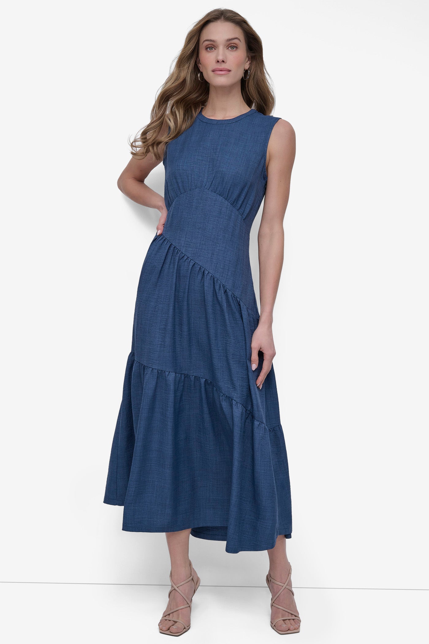Denim TIERED ASYMMETRIC MAXI DRESS, FRONT VIEW | Denim Destination
