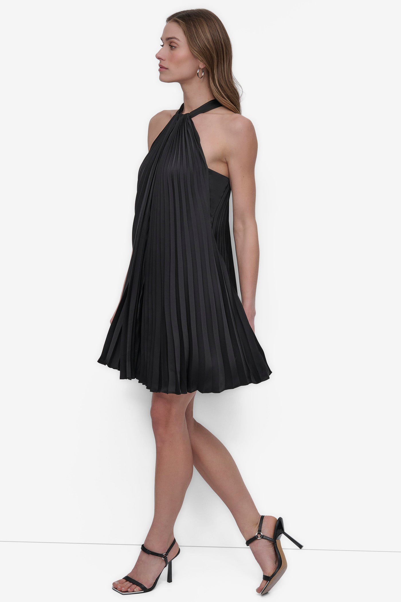 Black PLEATED HALTER SWING DRESS, BACK VIEW | SALE DRESSES