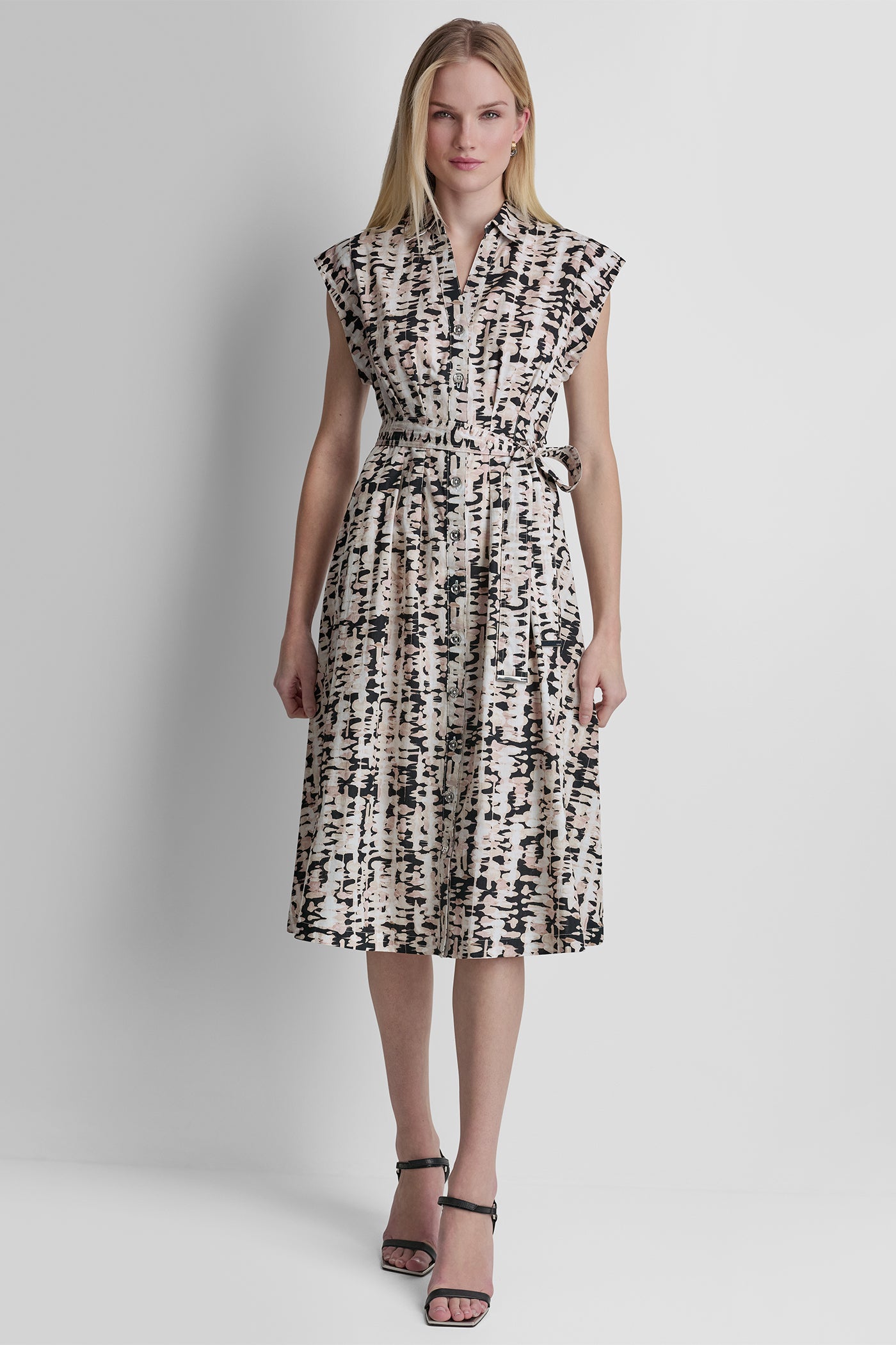 Black Multi CAP-SLEEVE MIDI SHIRT DRESS, VIEW 1 | SPRING 2026