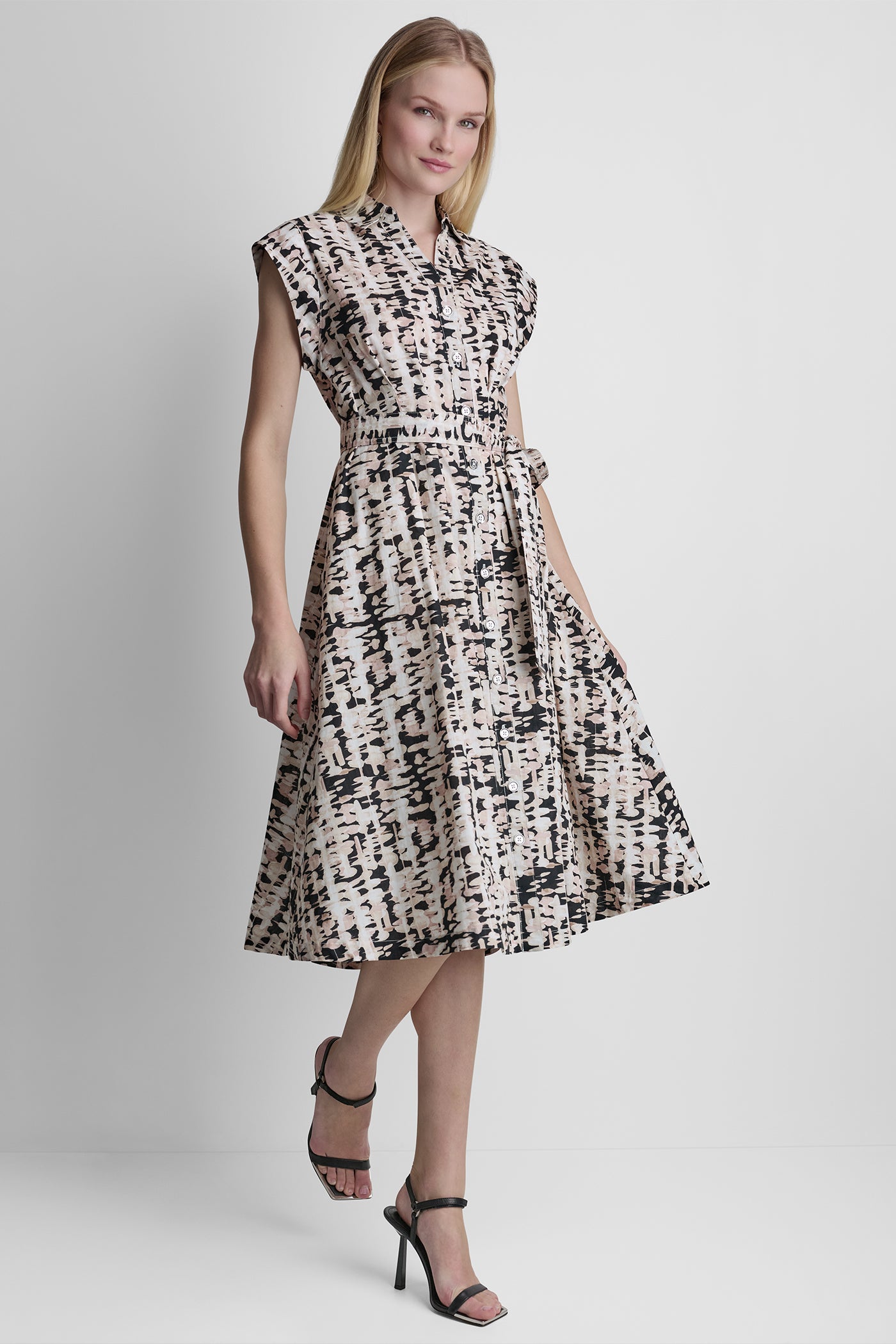 Black Multi CAP-SLEEVE MIDI SHIRT DRESS, VIEW 2 | SPRING 2026