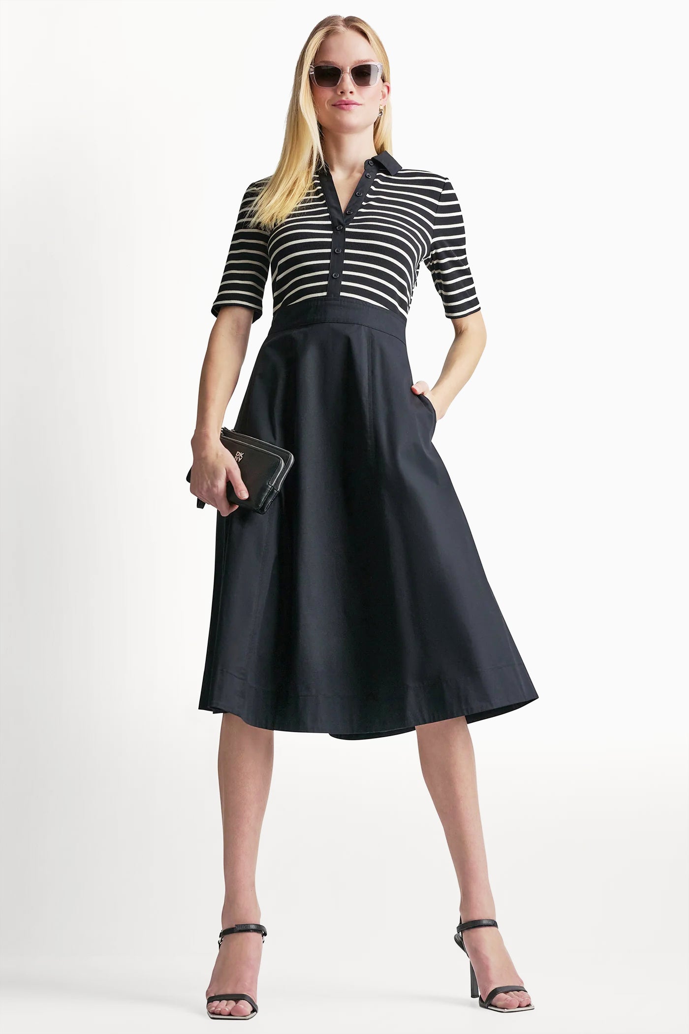 Black/Ivory FIT & FLARE MIDI SHIRT DRESS, VIEW 1 | SALE CLOTHING