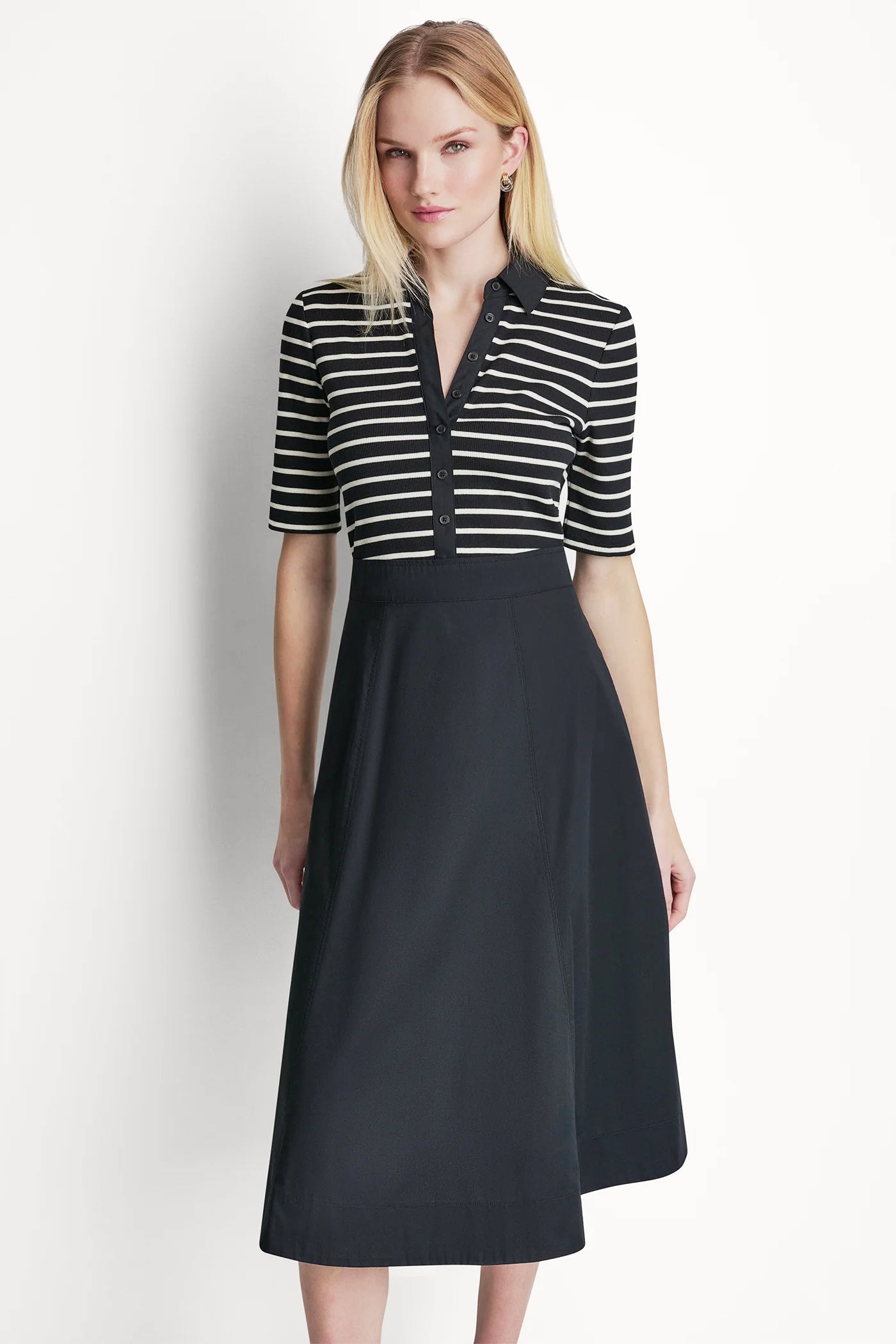 Black/Ivory FIT & FLARE MIDI SHIRT DRESS, VIEW 2 | SALE CLOTHING