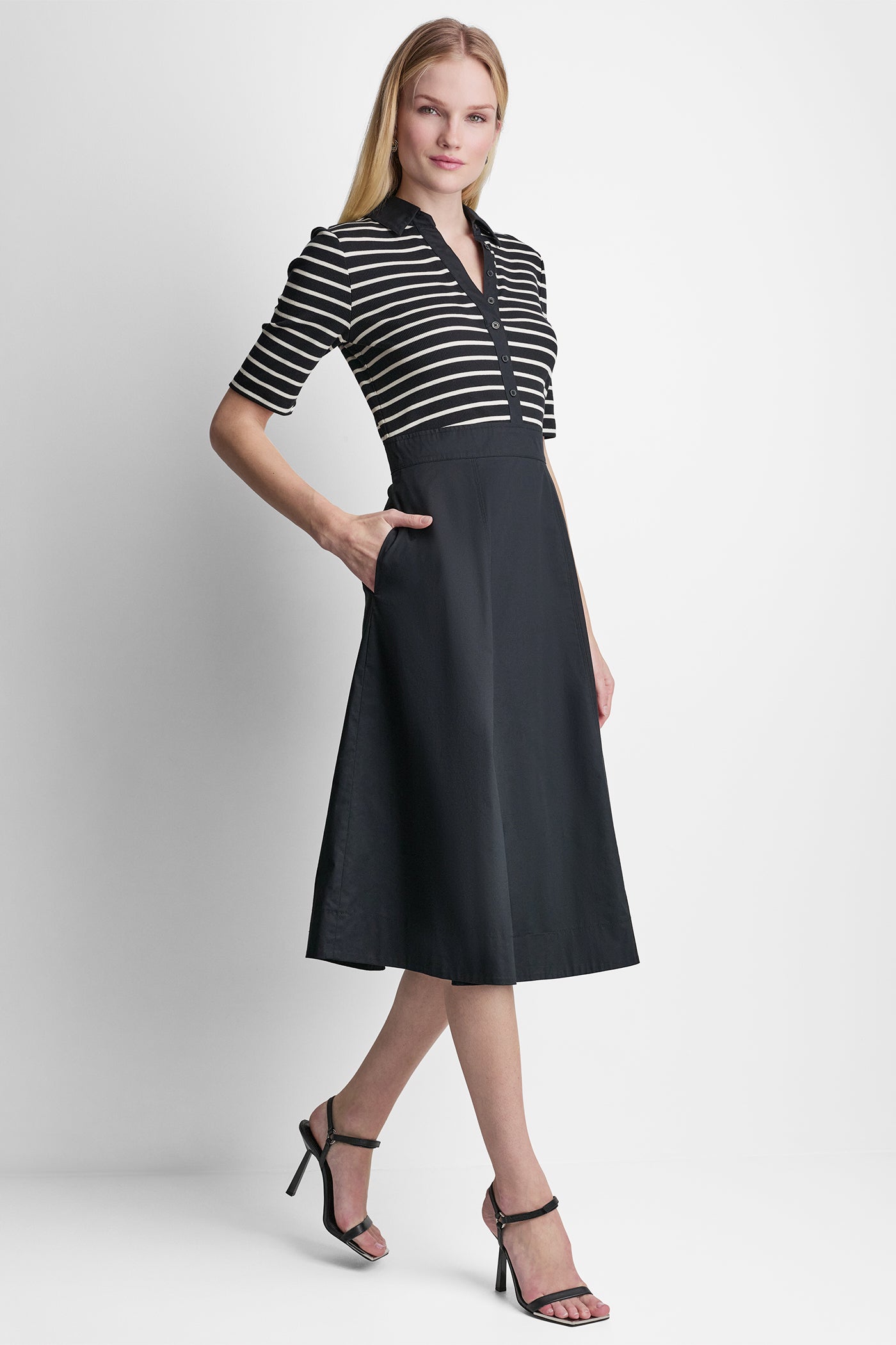 Black/Ivory FIT & FLARE MIDI SHIRT DRESS, VIEW 2 | Dresses & Jumpsuits