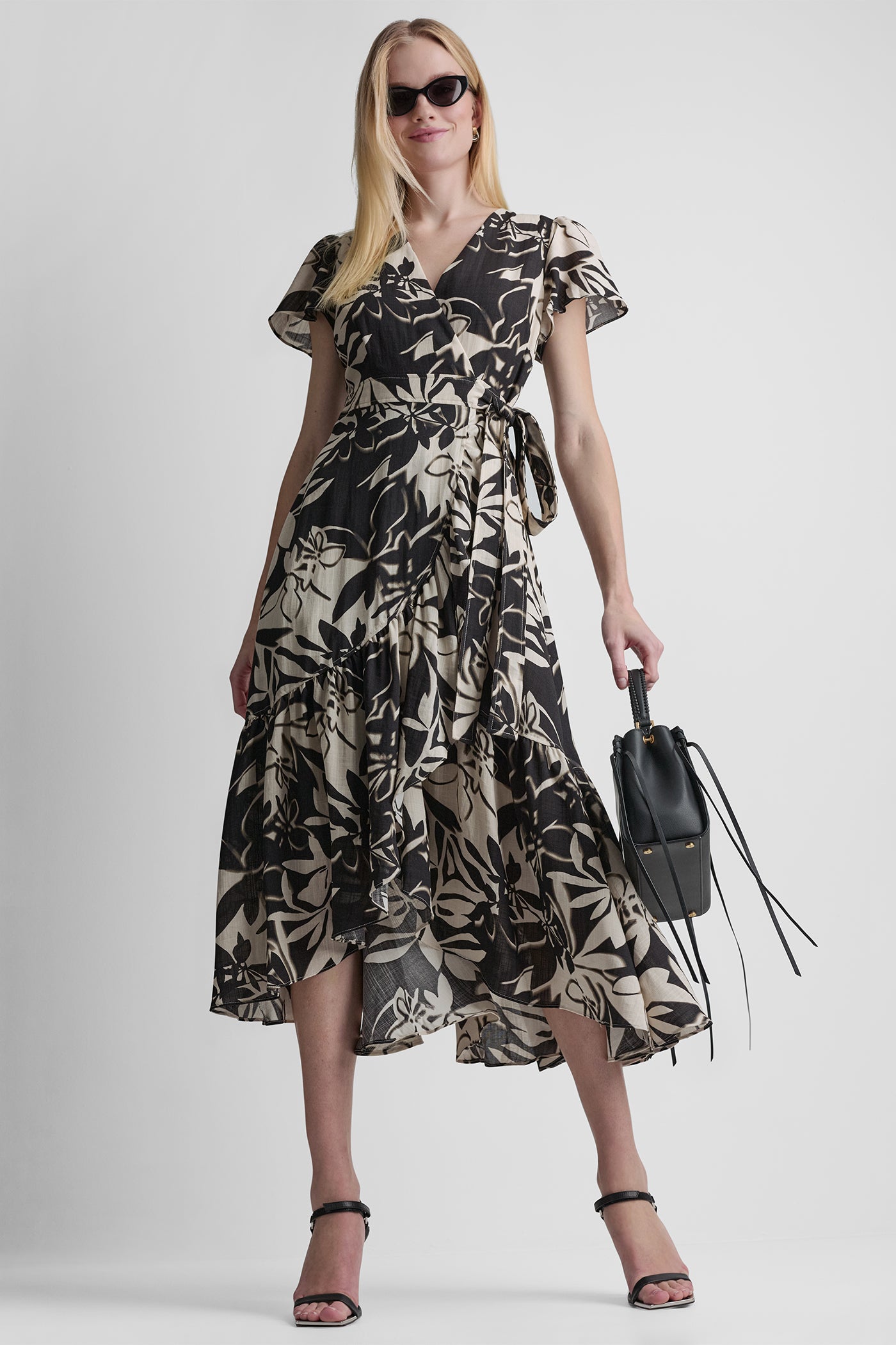 Black/Light City Wash WRAP-EFFECT MIDI DRESS, VIEW 1 | Products